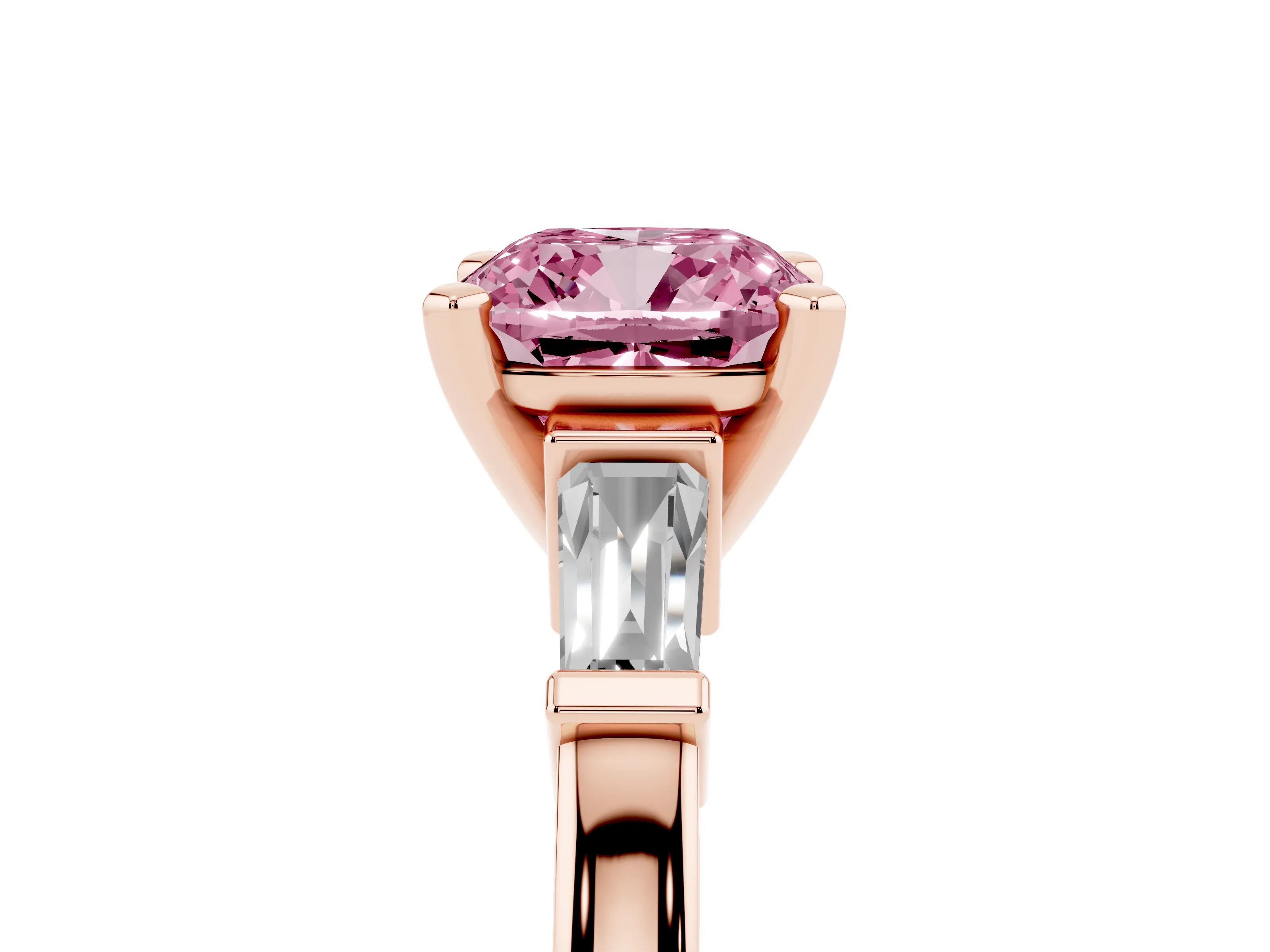 Fancy Pink Cushion Cut Diamond Solitaire Ring Set in Rose gold with Tapered Baguette Accents and Prong Setting