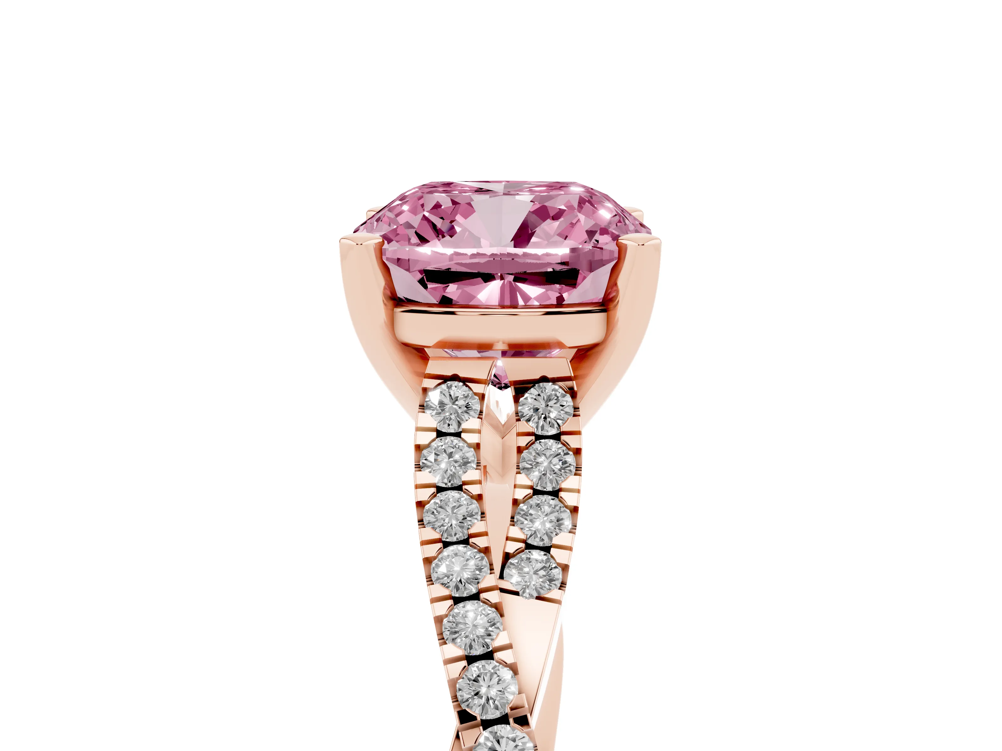 Fancy Pink Cushion Cut Diamond Solitaire Engagement Ring Set in Rose gold with Twisted Pavé Band and Prong Setting