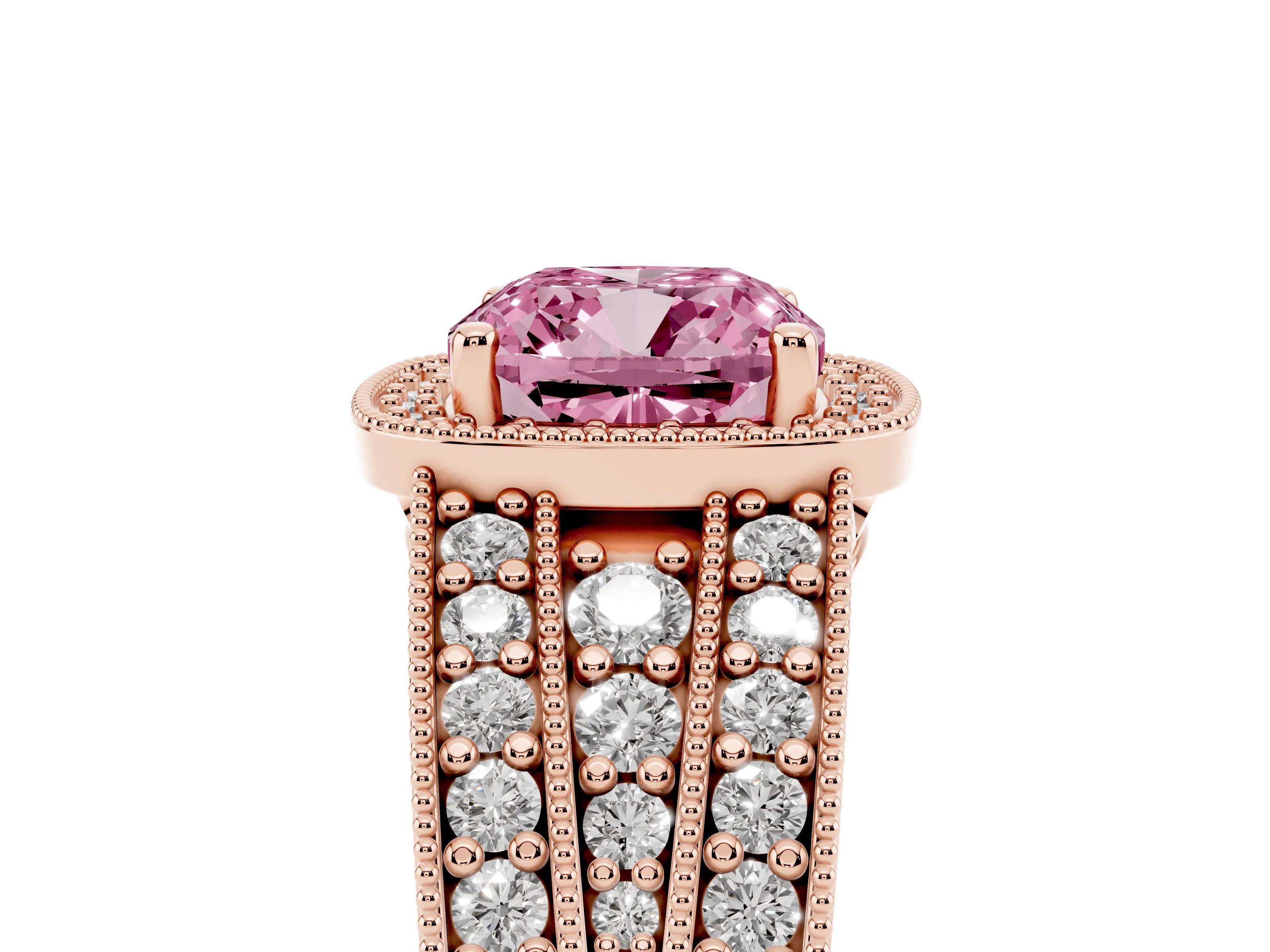 Fancy Pink Cushion Cut Diamond Halo Ring Set in Rose gold with Accent Split Shank and Prong Setting