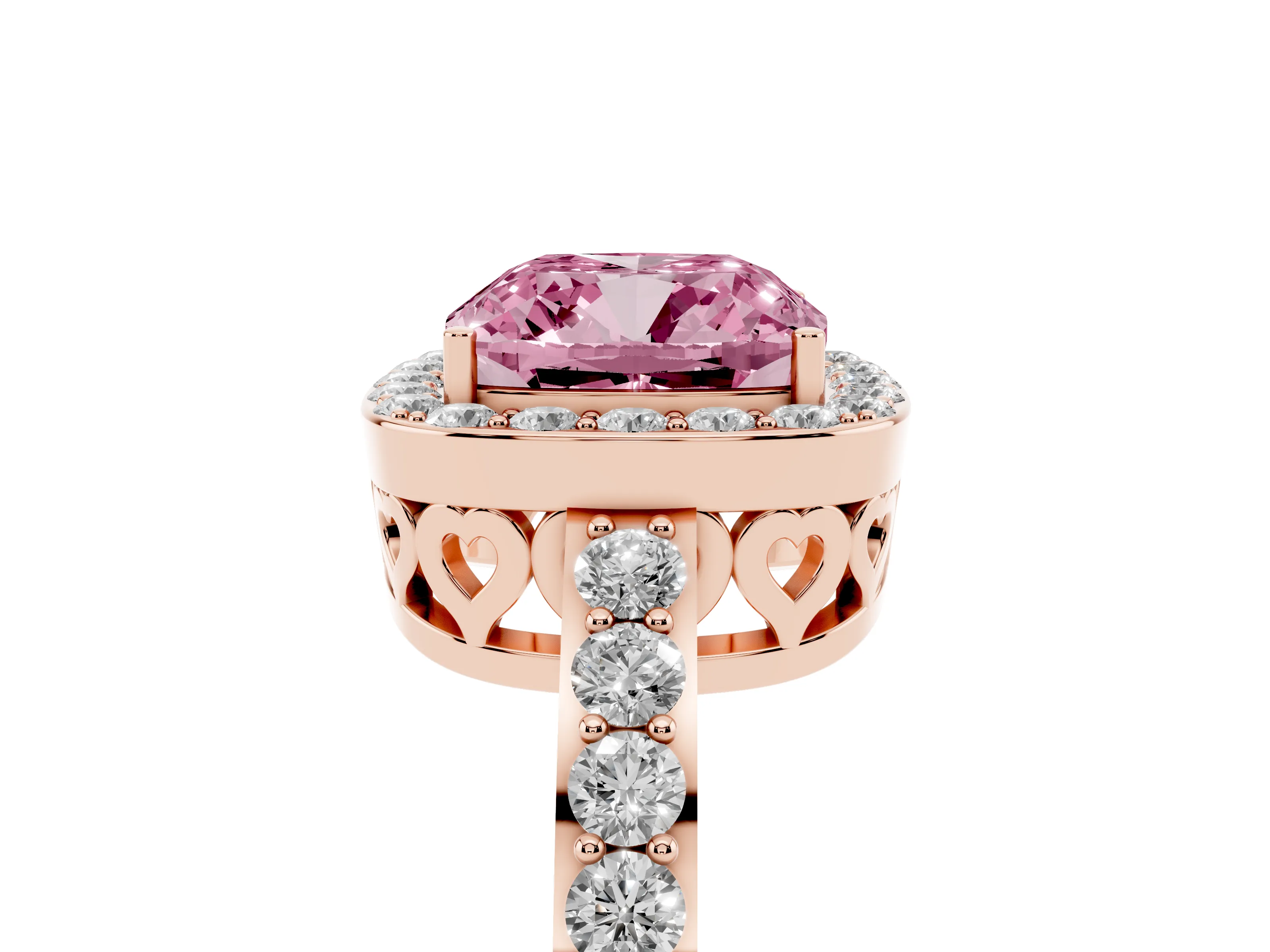 Fancy Pink Cushion Cut Diamond Halo Ring Set in Rose gold with Pavé-Setting Band and Open Prong Center