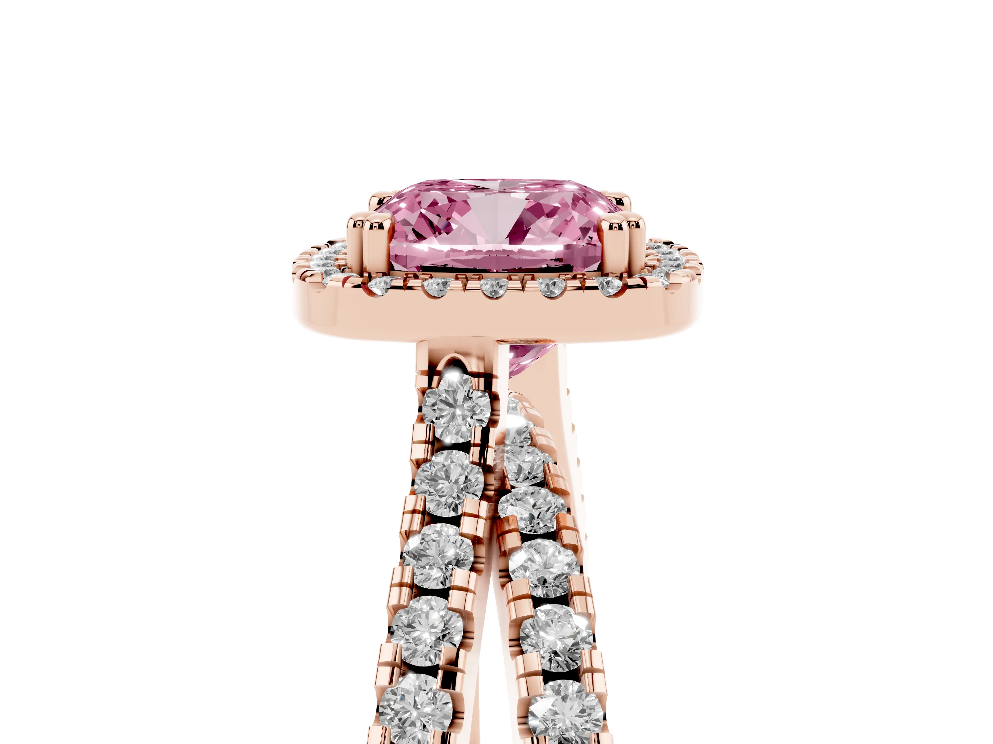 Fancy Pink Cushion Cut Diamond Halo Split Shank Ring Set in Rose gold with Pavé Setting