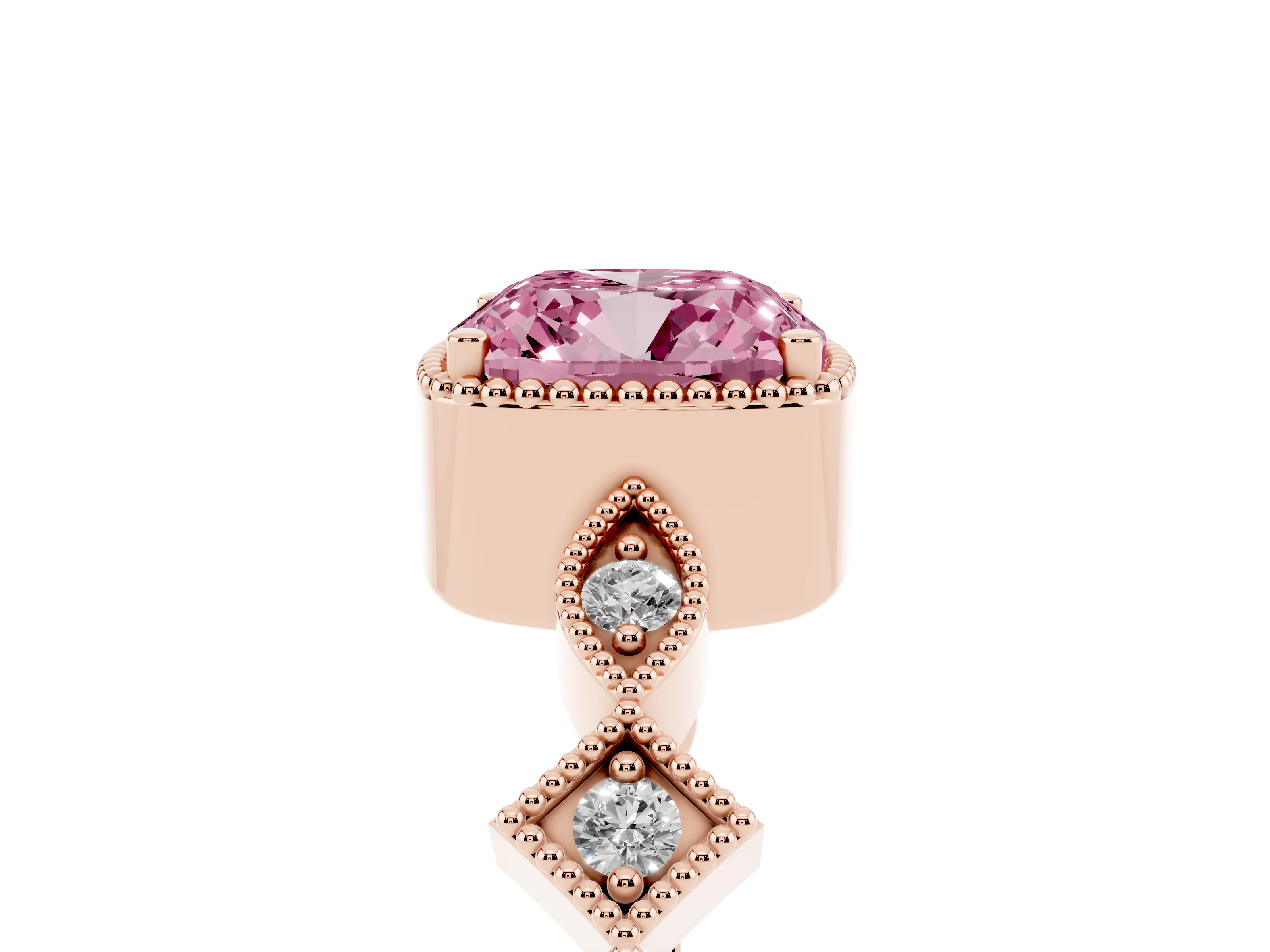 Fancy Pink Cushion Cut Diamond Milgrain Marquise Twist Band Ring Set in Rose gold with Prong Setting