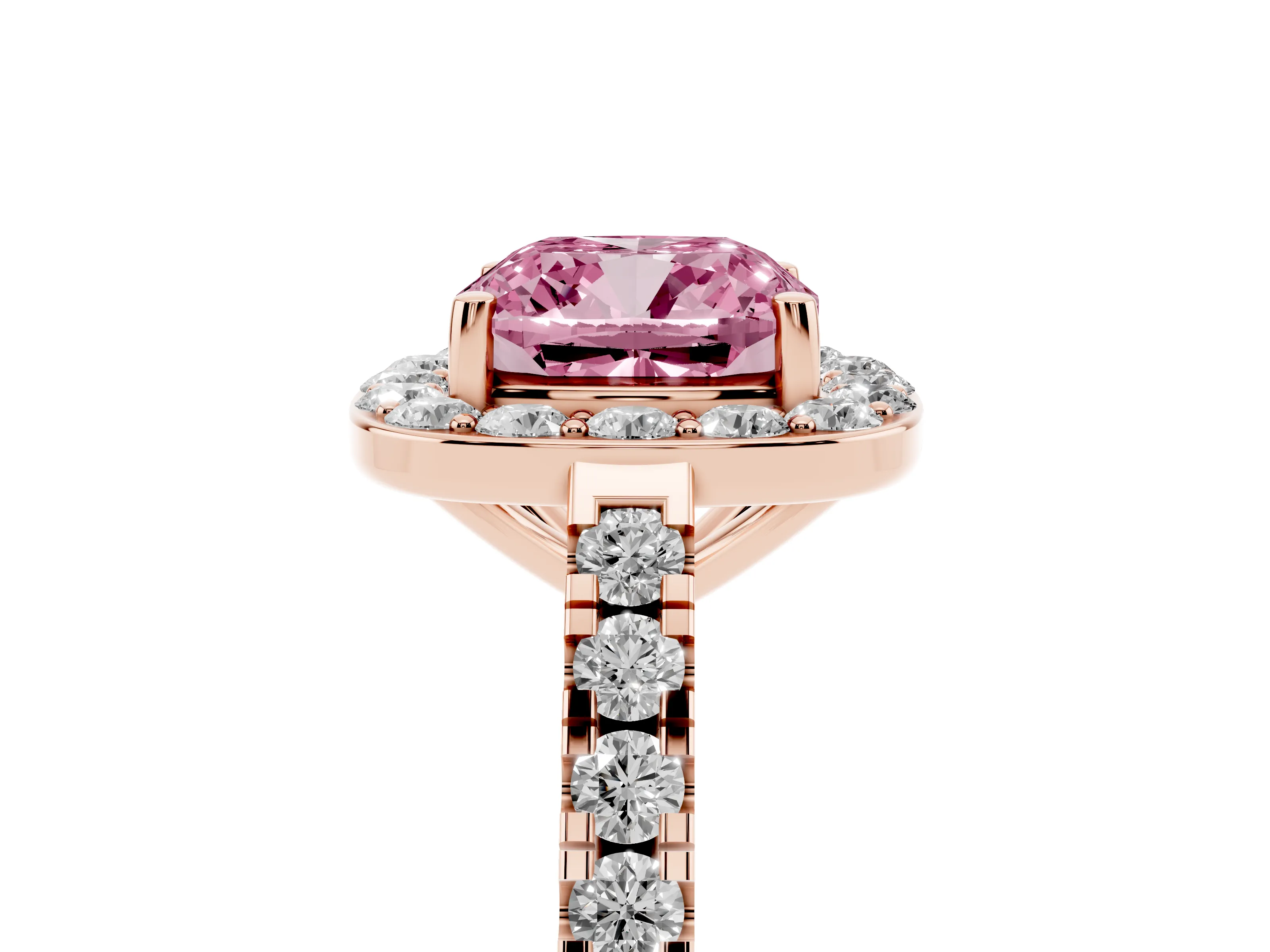 Fancy Pink Cushion Cut Diamond Halo Ring Set in Rose gold with Round Pavé Split Shank and Prong Setting