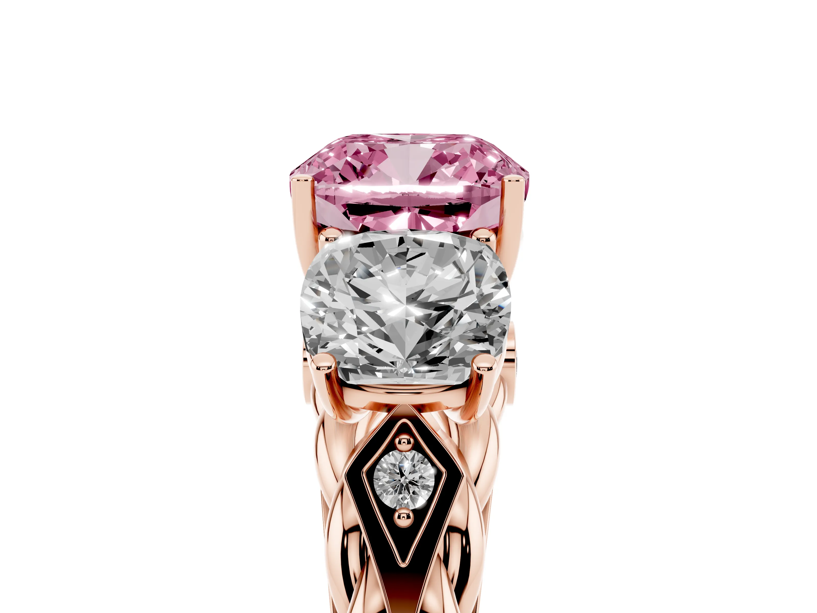 Fancy Pink Cushion Cut Diamond Three-Stone Ring Set in Rose gold with Braided Band