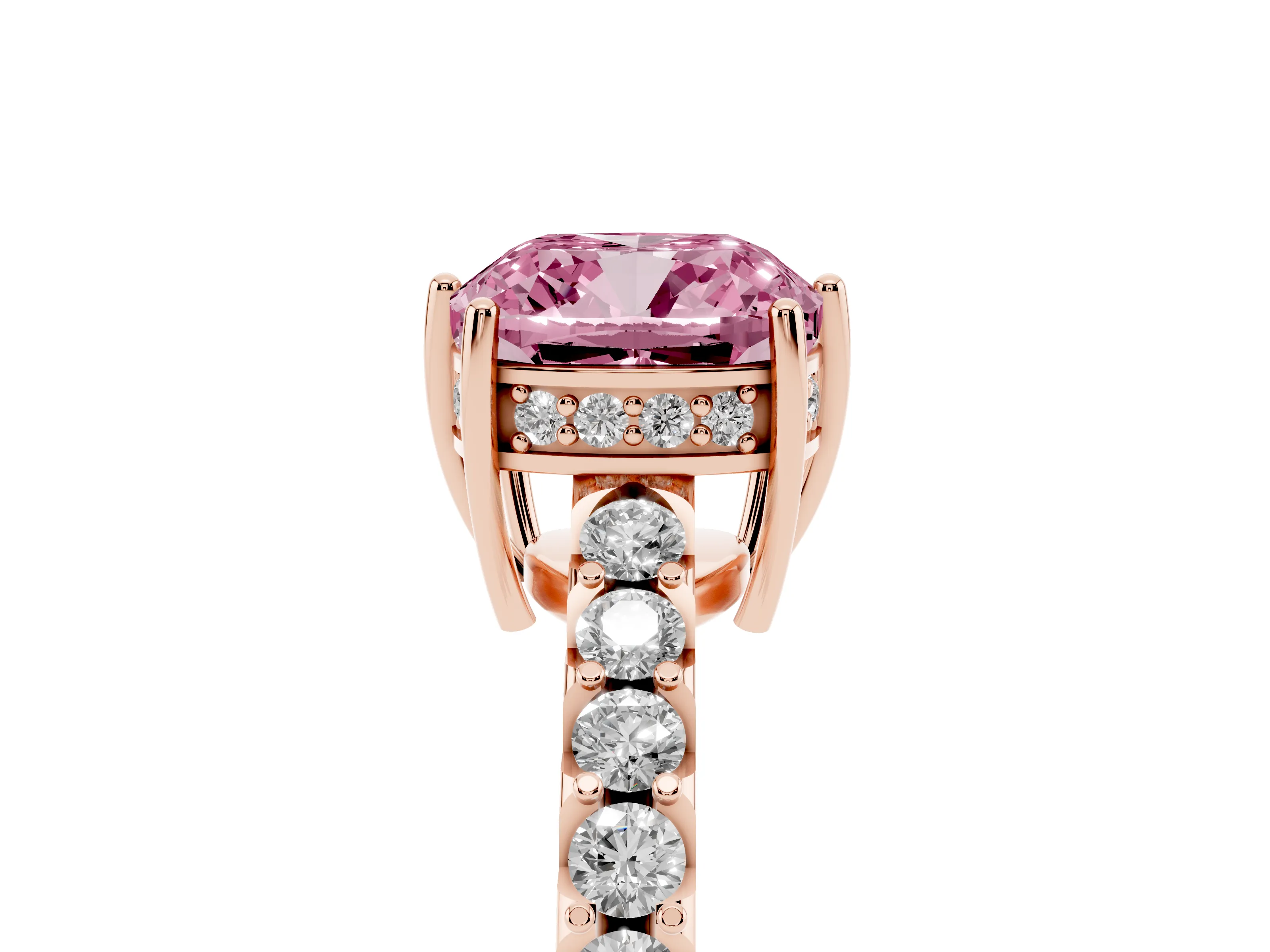 Fancy Pink Cushion Cut Diamond Solitaire Engagement Ring Set in Rose gold with Pavé Band and Prong Setting