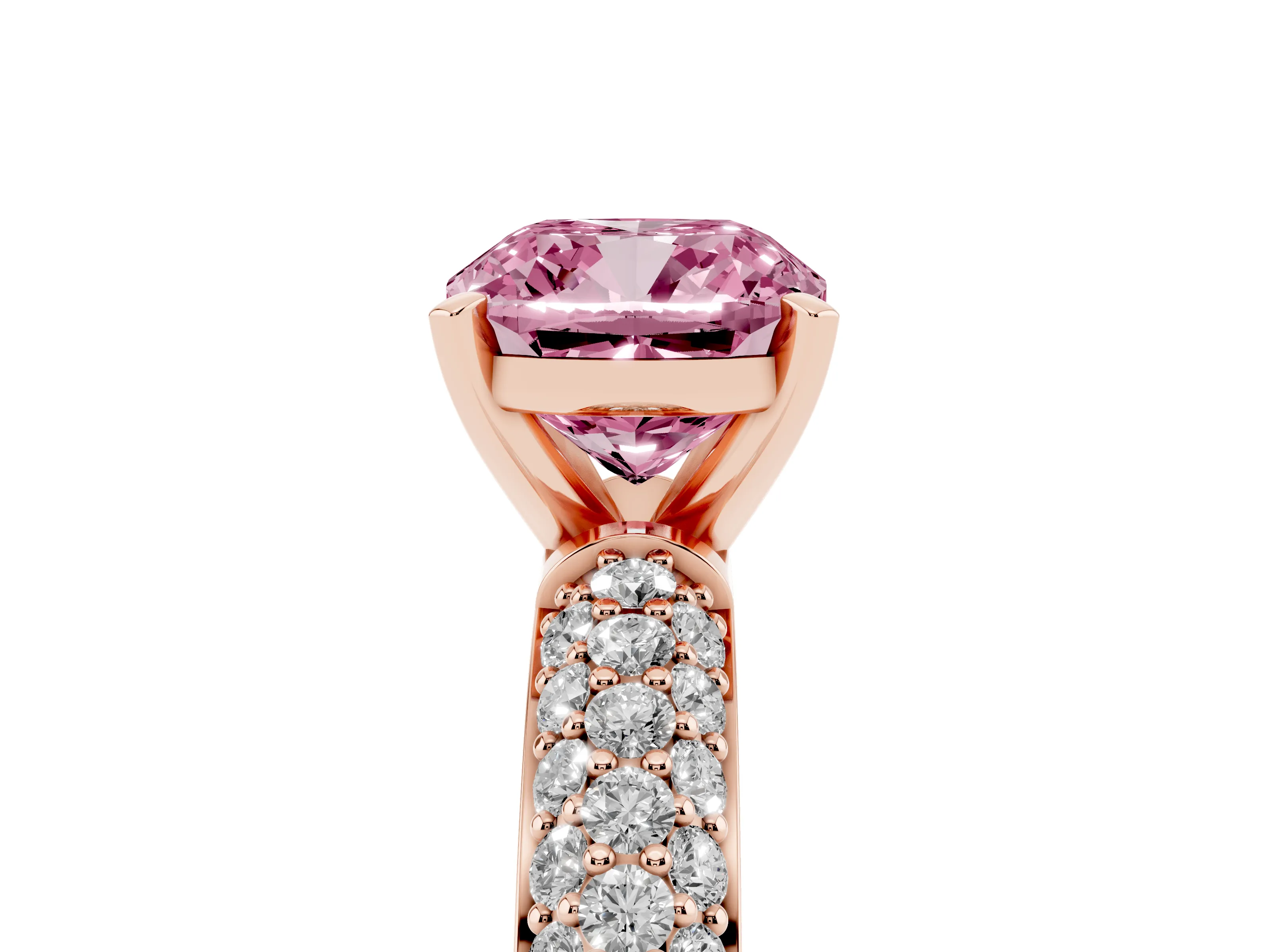 Fancy Pink Cushion Cut Diamond Solitaire Ring Set in Rose gold with Prong Setting and Pavé-Set Band