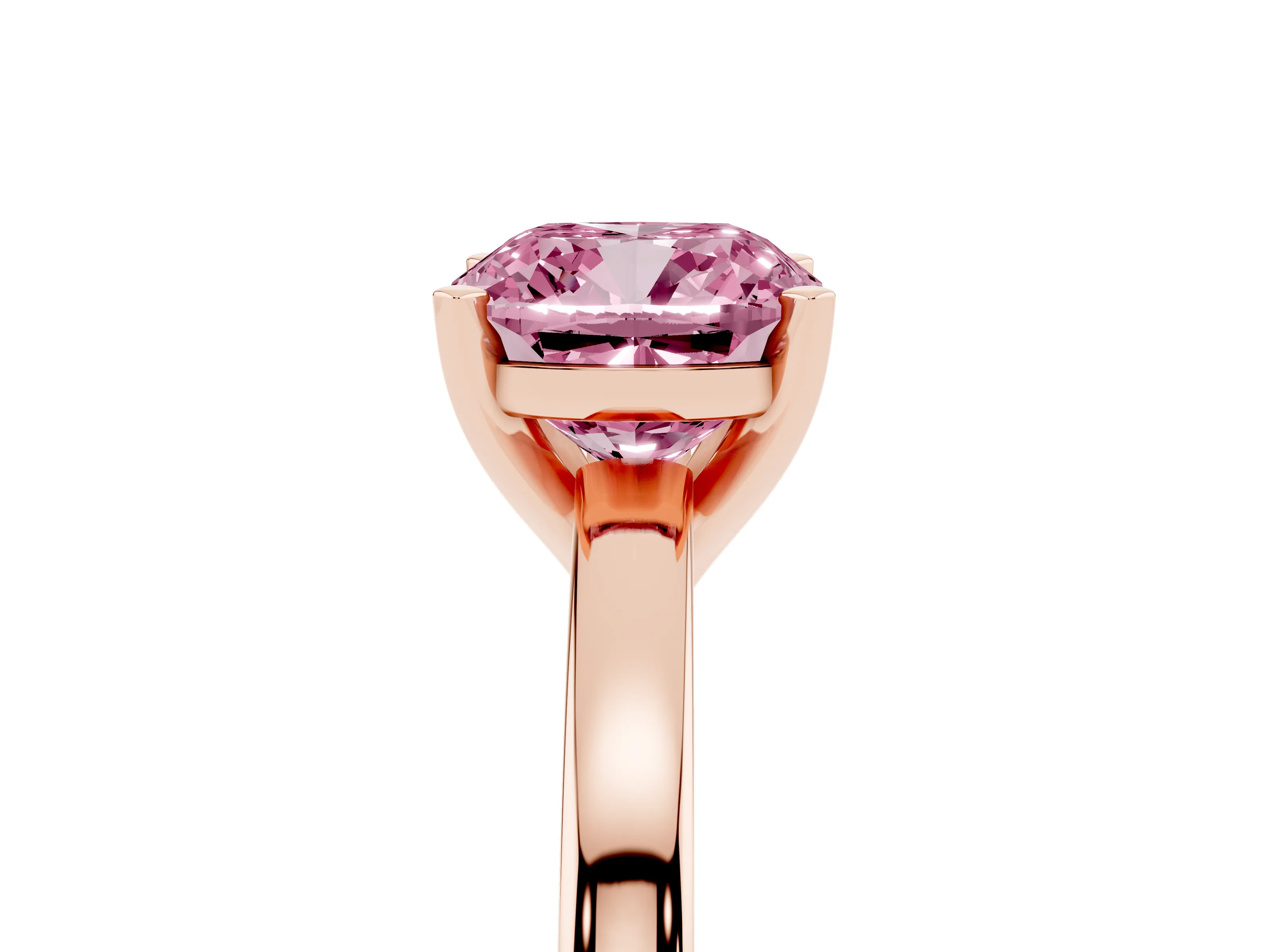 Fancy Pink Cushion Cut Diamond Solitaire Engagement Ring Set in Rose gold with Prong Setting on a Classic Band