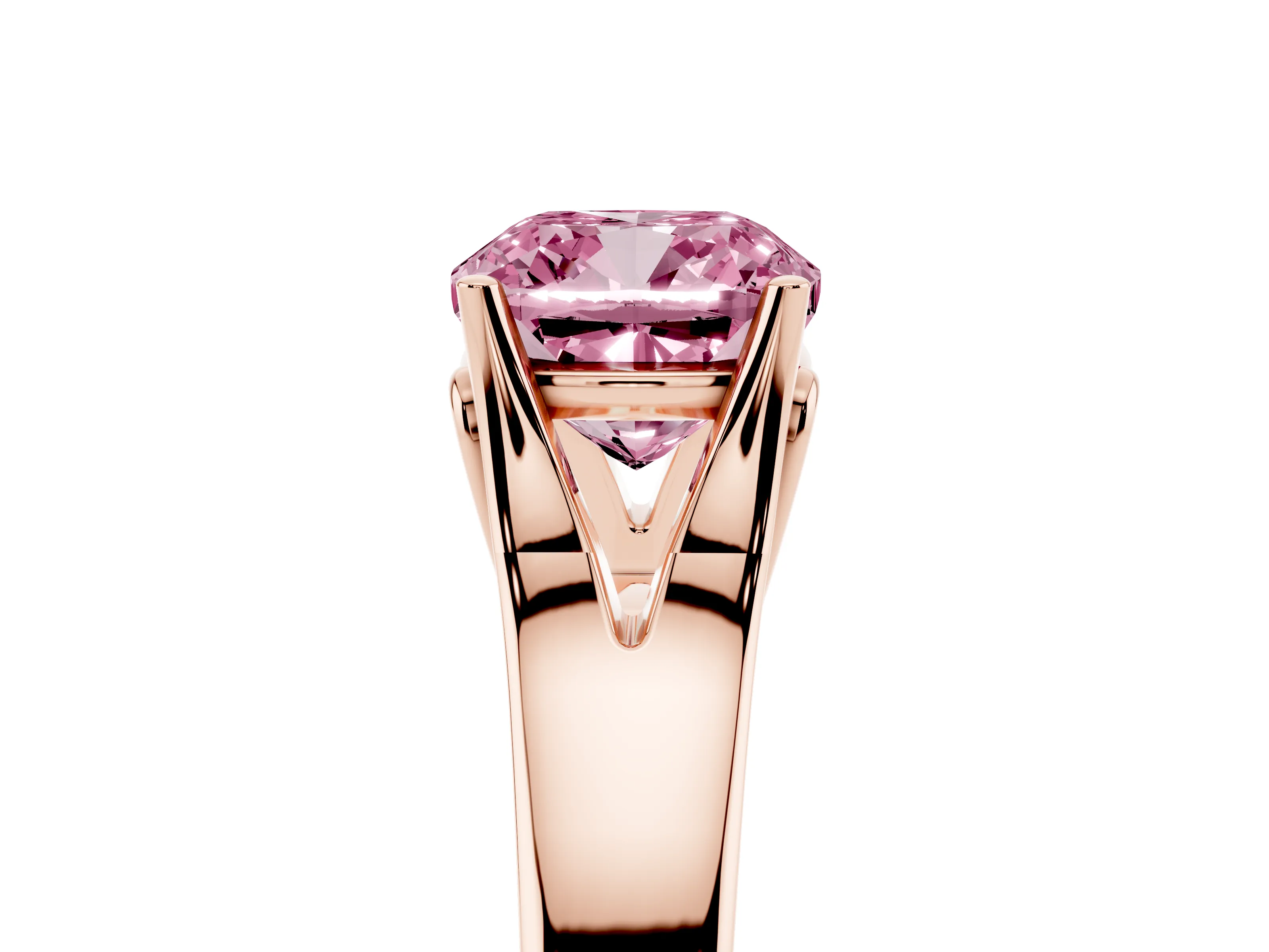 Fancy Pink Cushion Cut Diamond Solitaire Ring Set in Rose gold with Arched Cathedral Band and Prong Setting