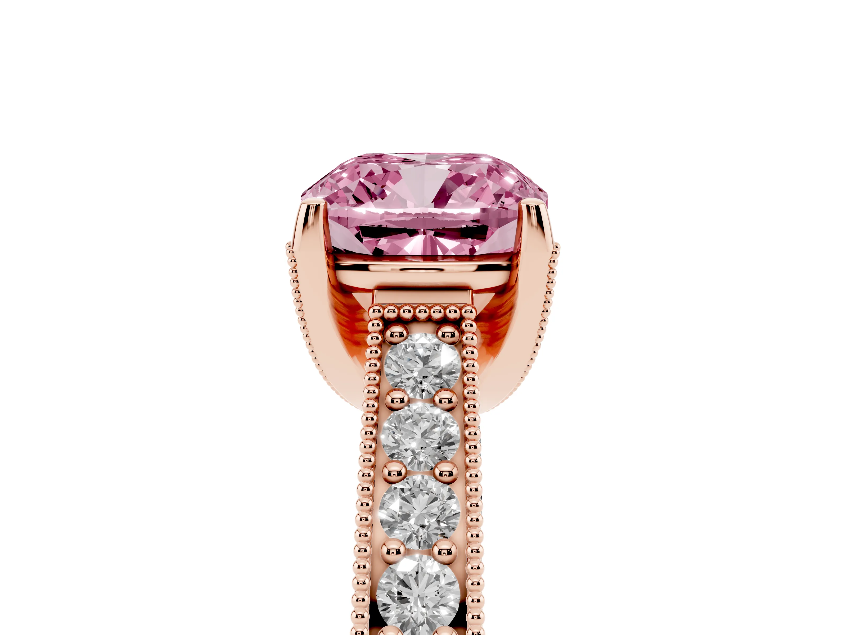 Fancy Pink Cushion Cut Diamond Solitaire Ring Set in Rose gold with Milgrain-Edged Pavé Band and Prong Setting