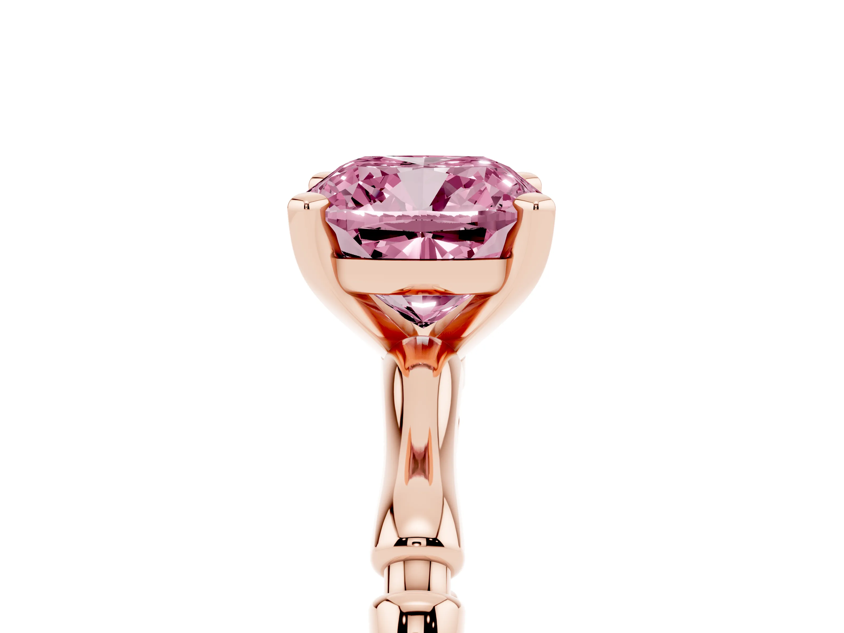 Fancy Pink Cushion Cut Diamond Solitaire Ring Set in Rose gold with Bamboo Band and Prong Setting