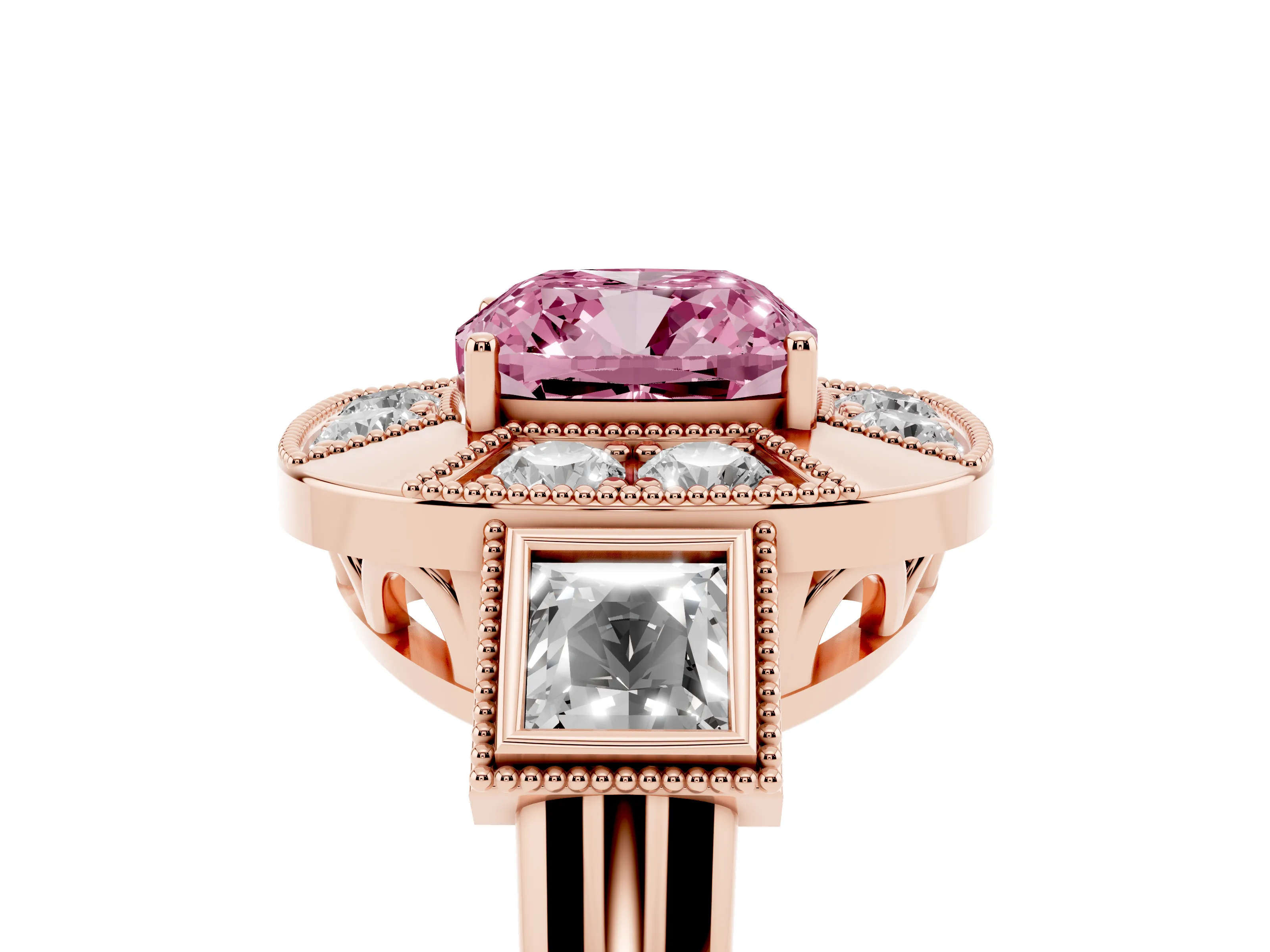 Fancy Pink Cushion Cut Diamond Milgrain Halo Ring Set in Rose gold with Split Shank