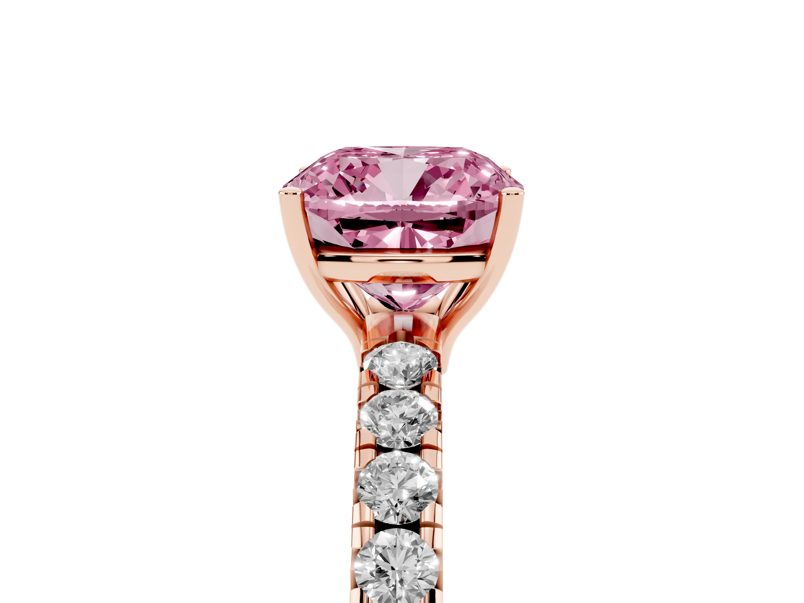 Fancy Pink Cushion Cut Diamond Pavé Solitaire Engagement Ring Set in Rose gold with Prong Setting