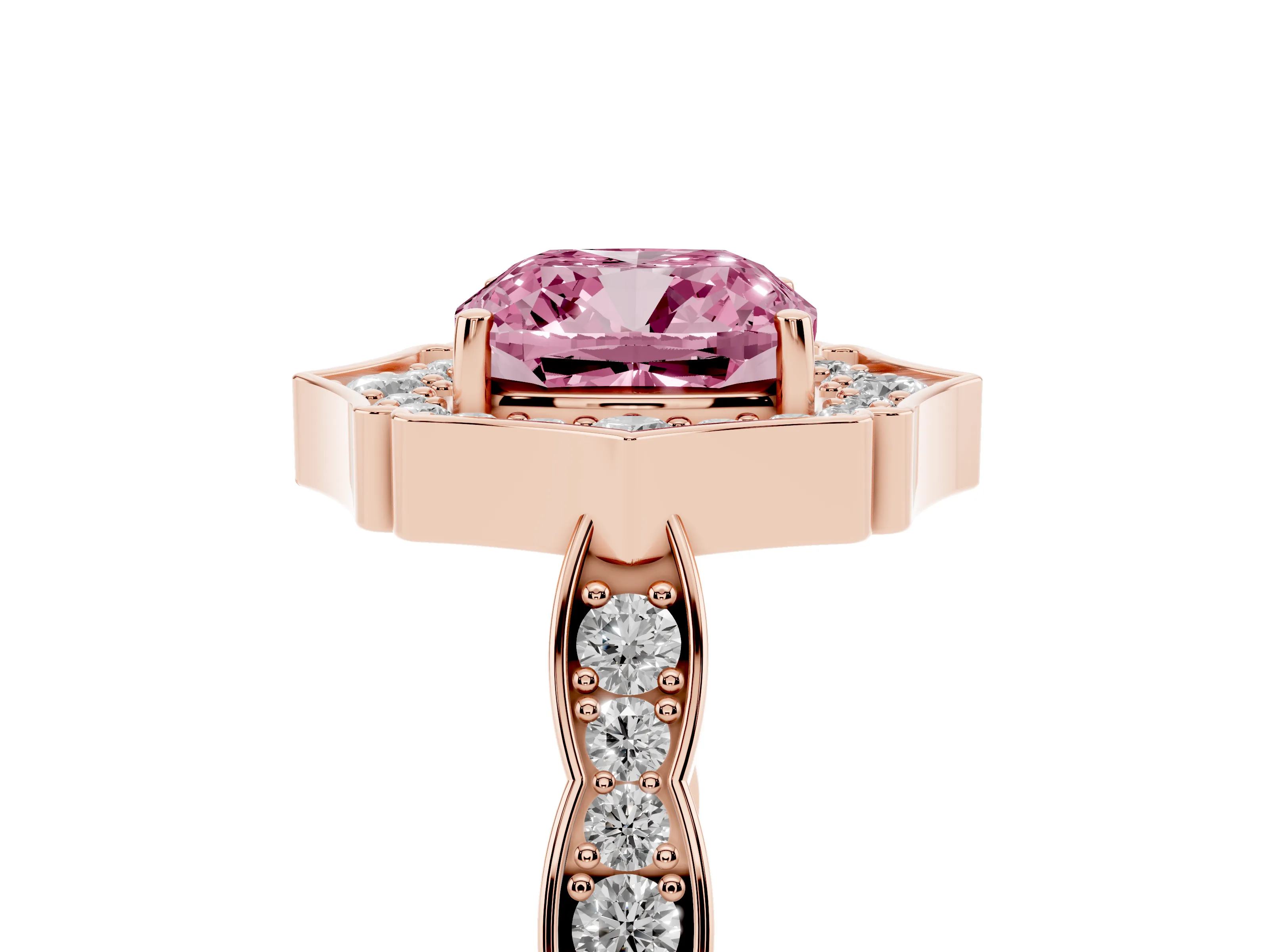 Fancy Pink Cushion Cut Diamond Halo Engagement Ring Set in Rose gold with Milgrain Band and Prong Setting