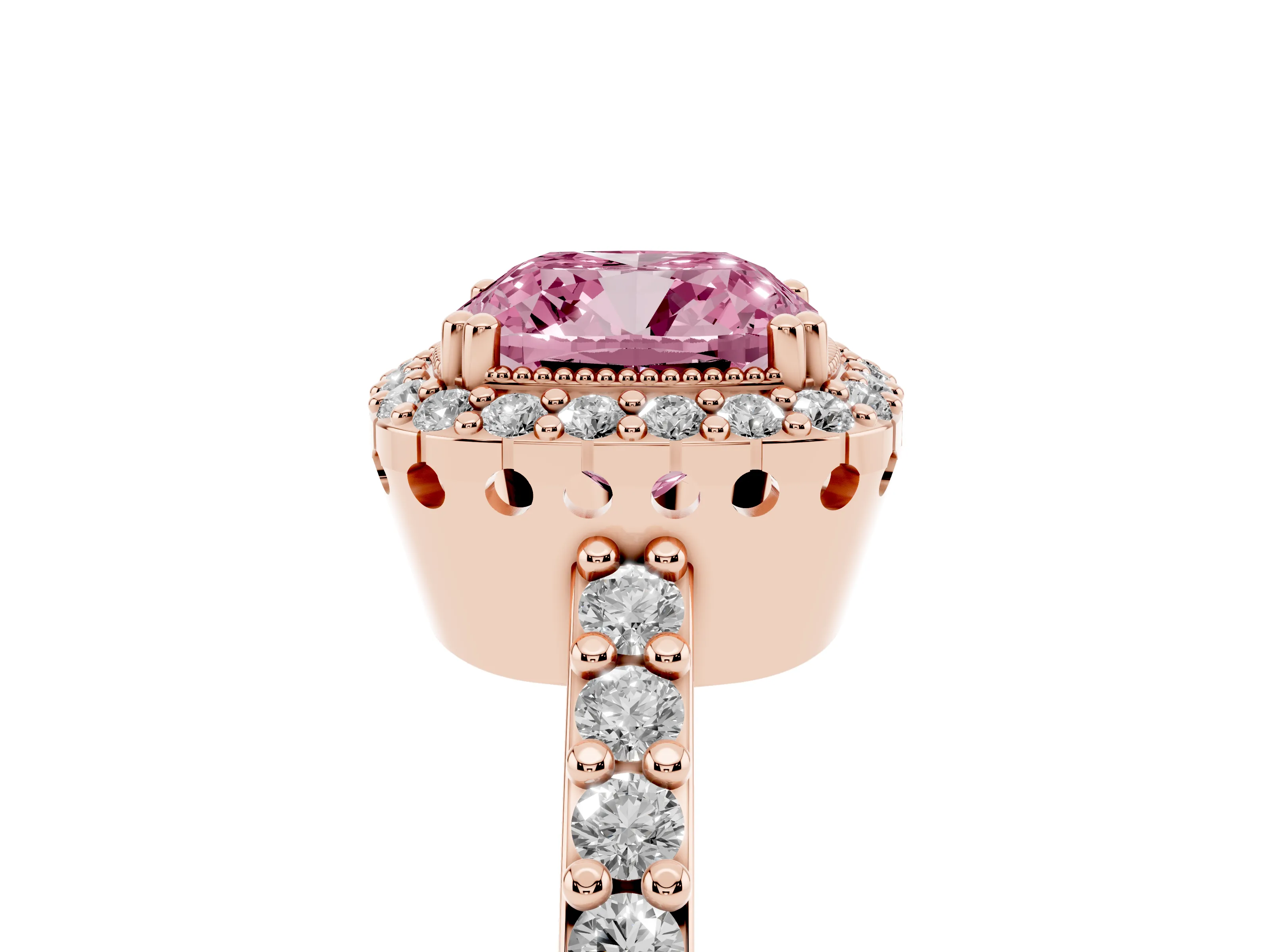 Fancy Pink Cushion Cut Diamond Halo Engagement Ring Set in Rose gold with Milgrain Detail and Pavé Band