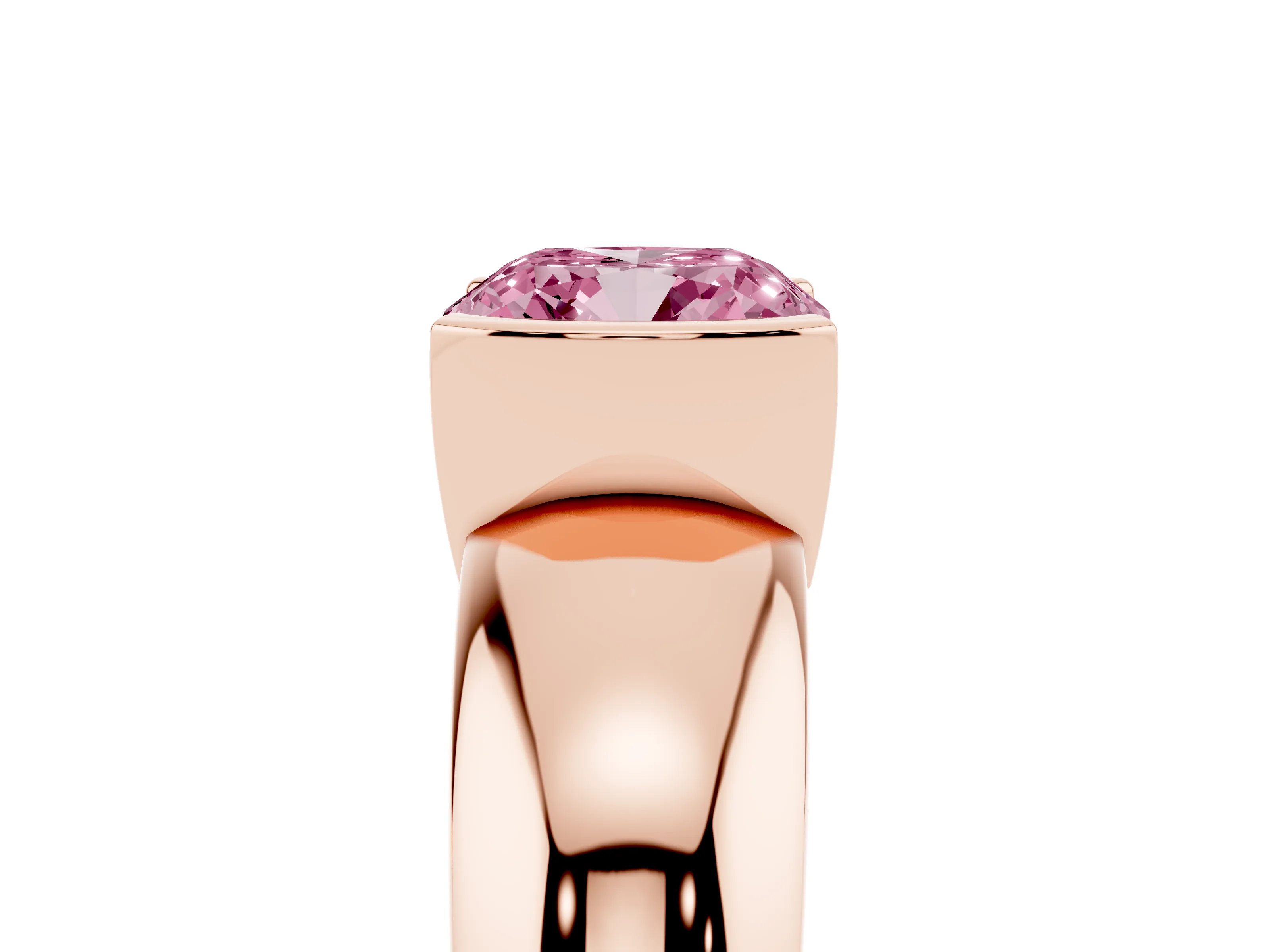 Fancy Pink Cushion Cut Diamond Solitaire Tension Set Ring Set in Rose gold with Wide Band