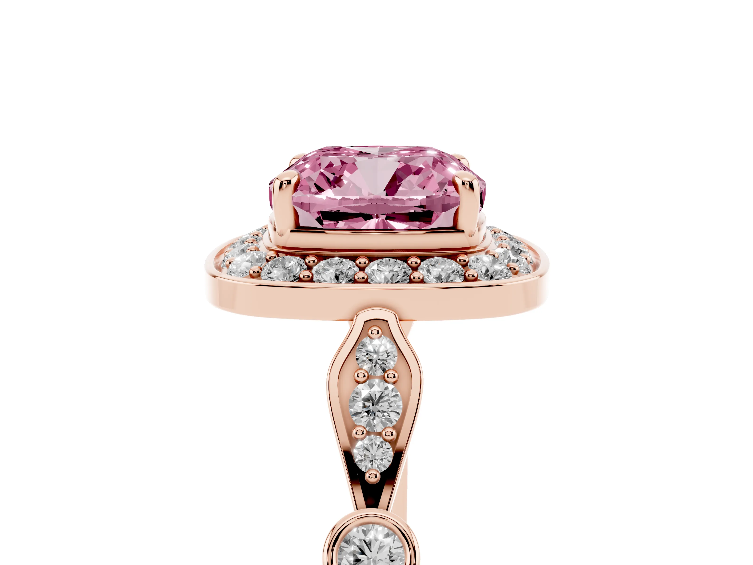 Fancy Pink Cushion Cut Diamond Halo Engagement Ring Set in Rose gold with Twisted Band and Prong Setting