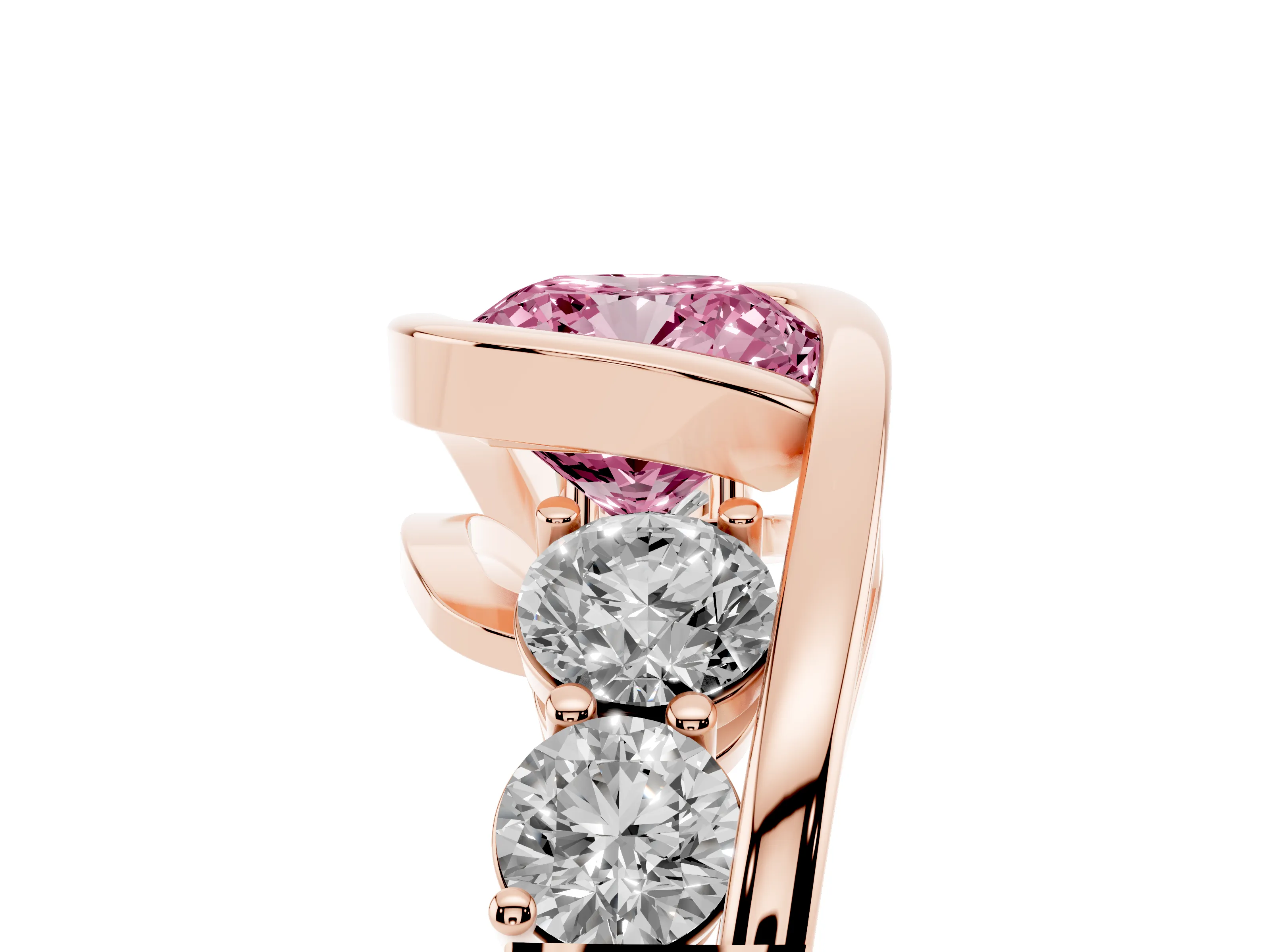 Fancy Pink Cushion Cut Diamond Bezel Bypass Ring Set in Rose gold with Round Accents