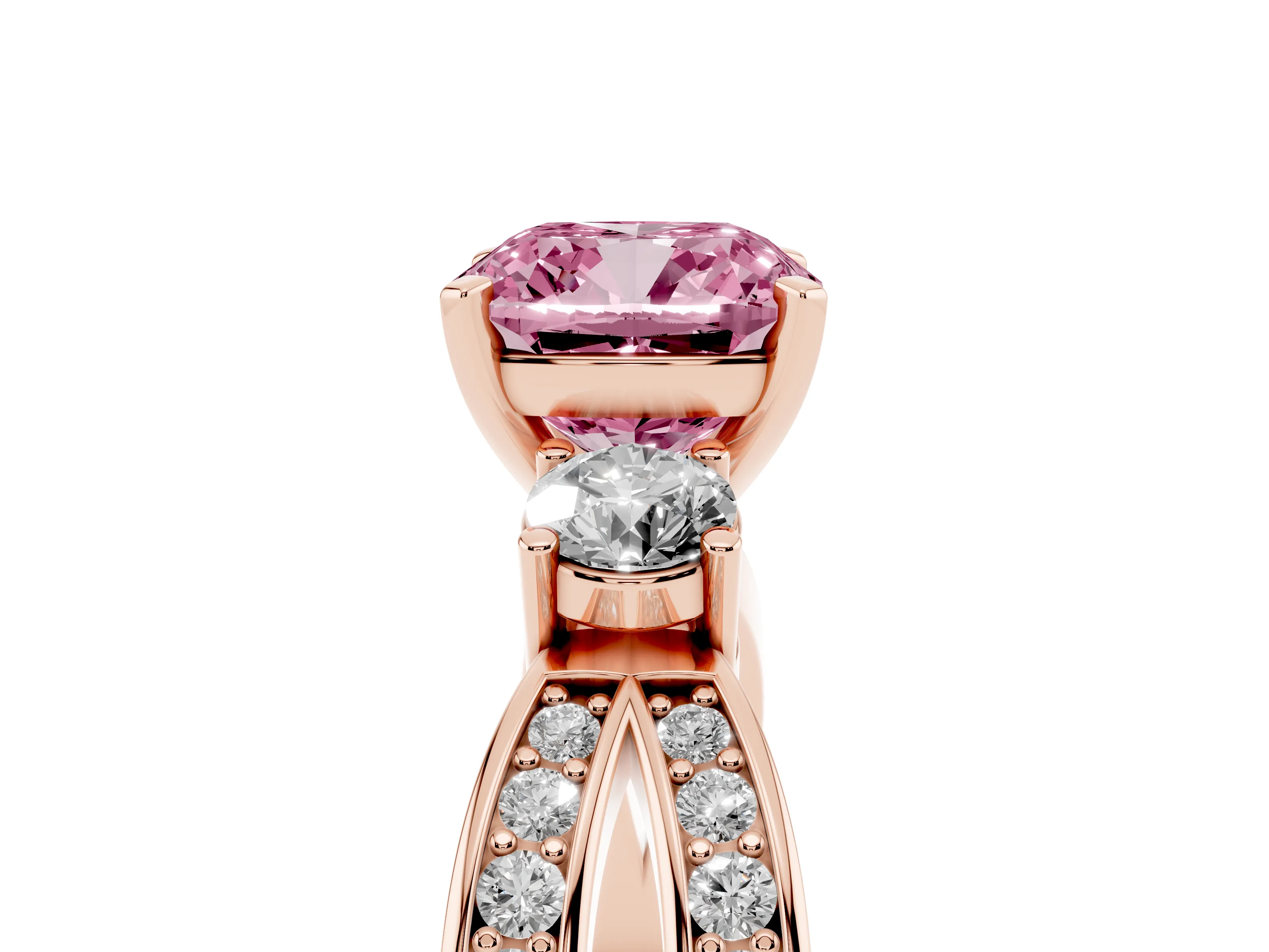 Fancy Pink Three-Stone Cushion Cut Diamond Twist Band Ring Set in Rose gold with Pavé Accents and Prong Setting