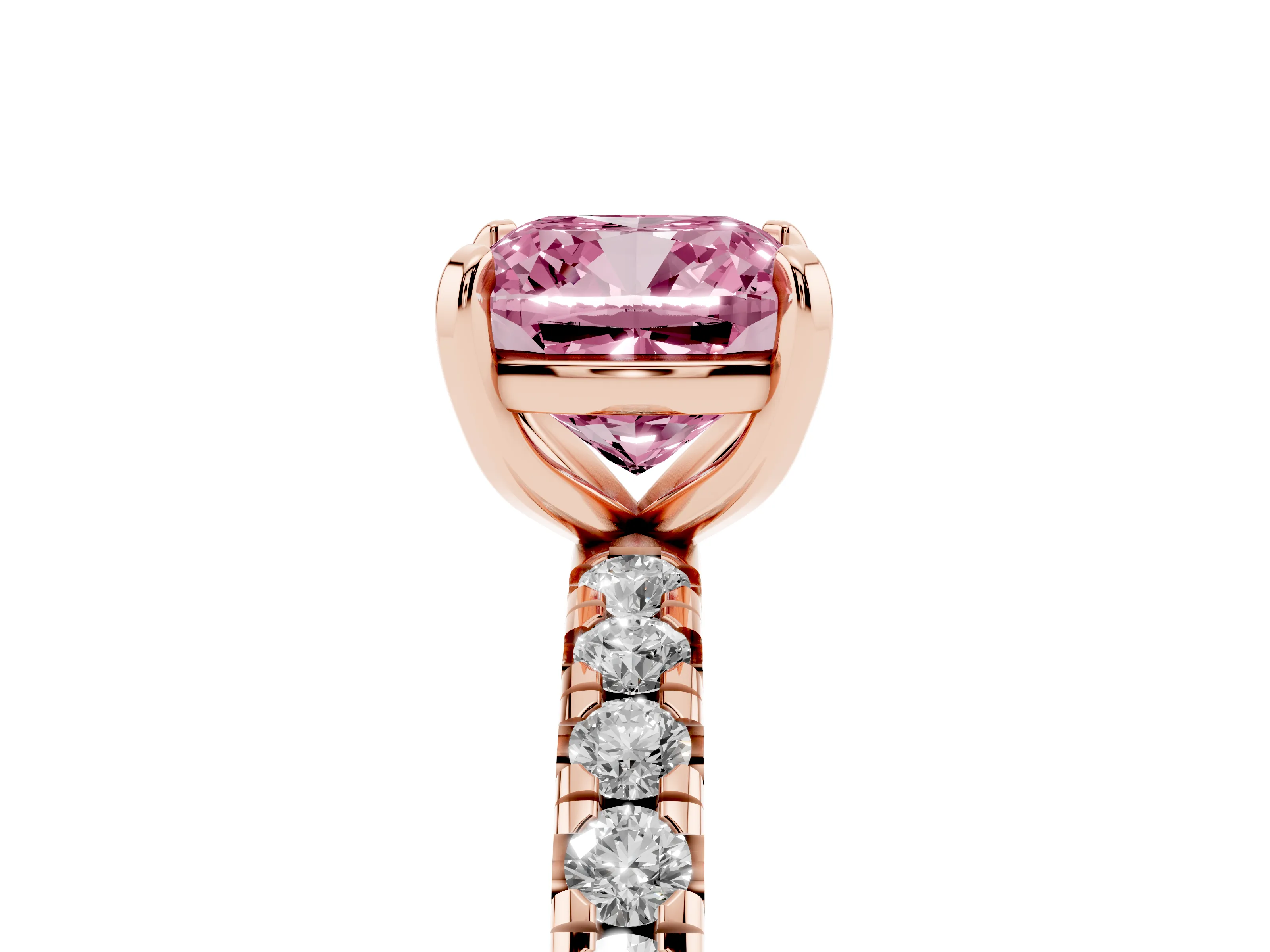 Fancy Pink Cushion Cut Diamond Pavé Solitaire Ring Set in Rose gold with Round Band and Prong Setting