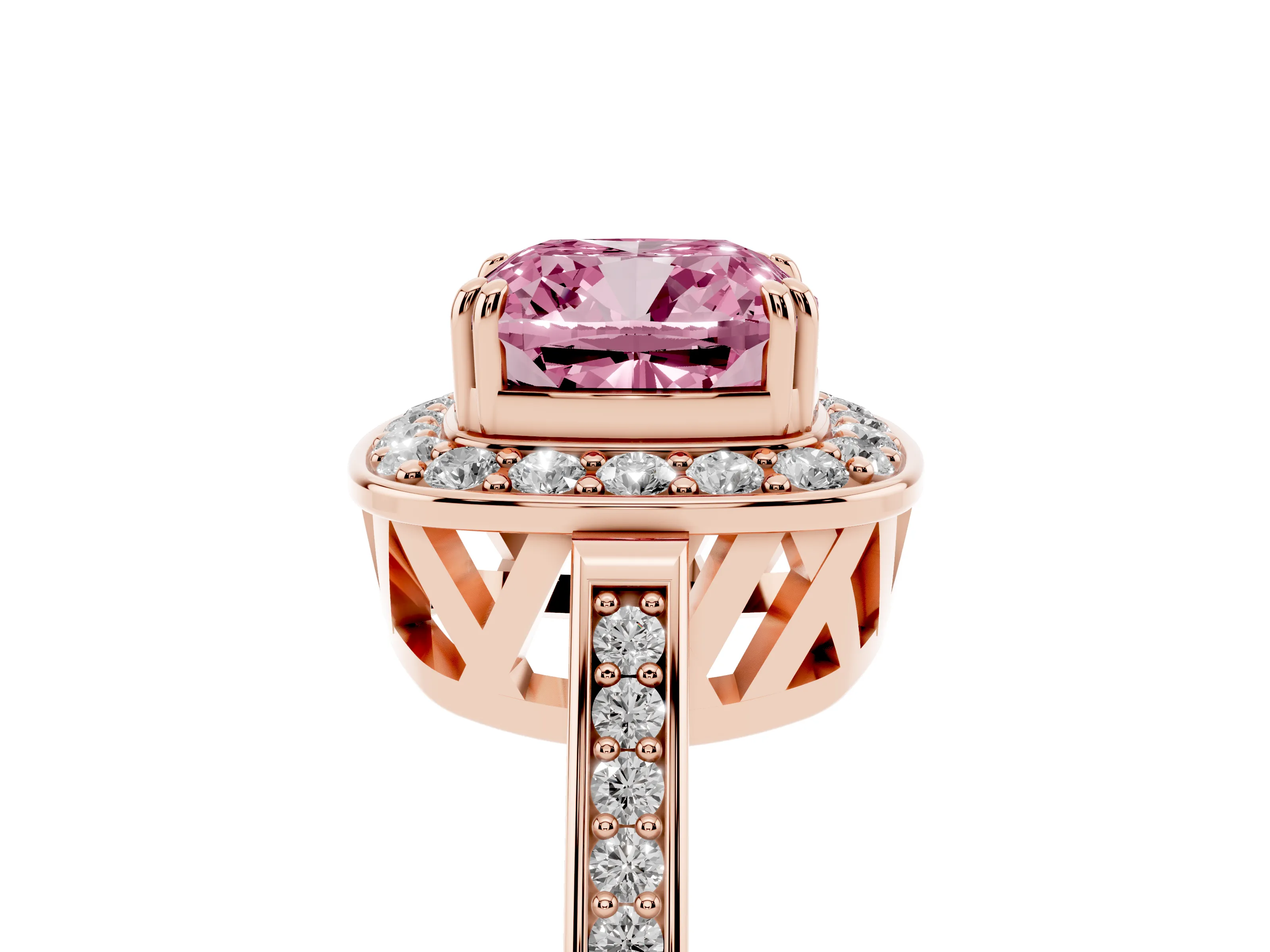 Fancy Pink Cushion Cut Diamond Halo Ring Set in Rose gold with Accent-Lined Split Shank and Prong Setting