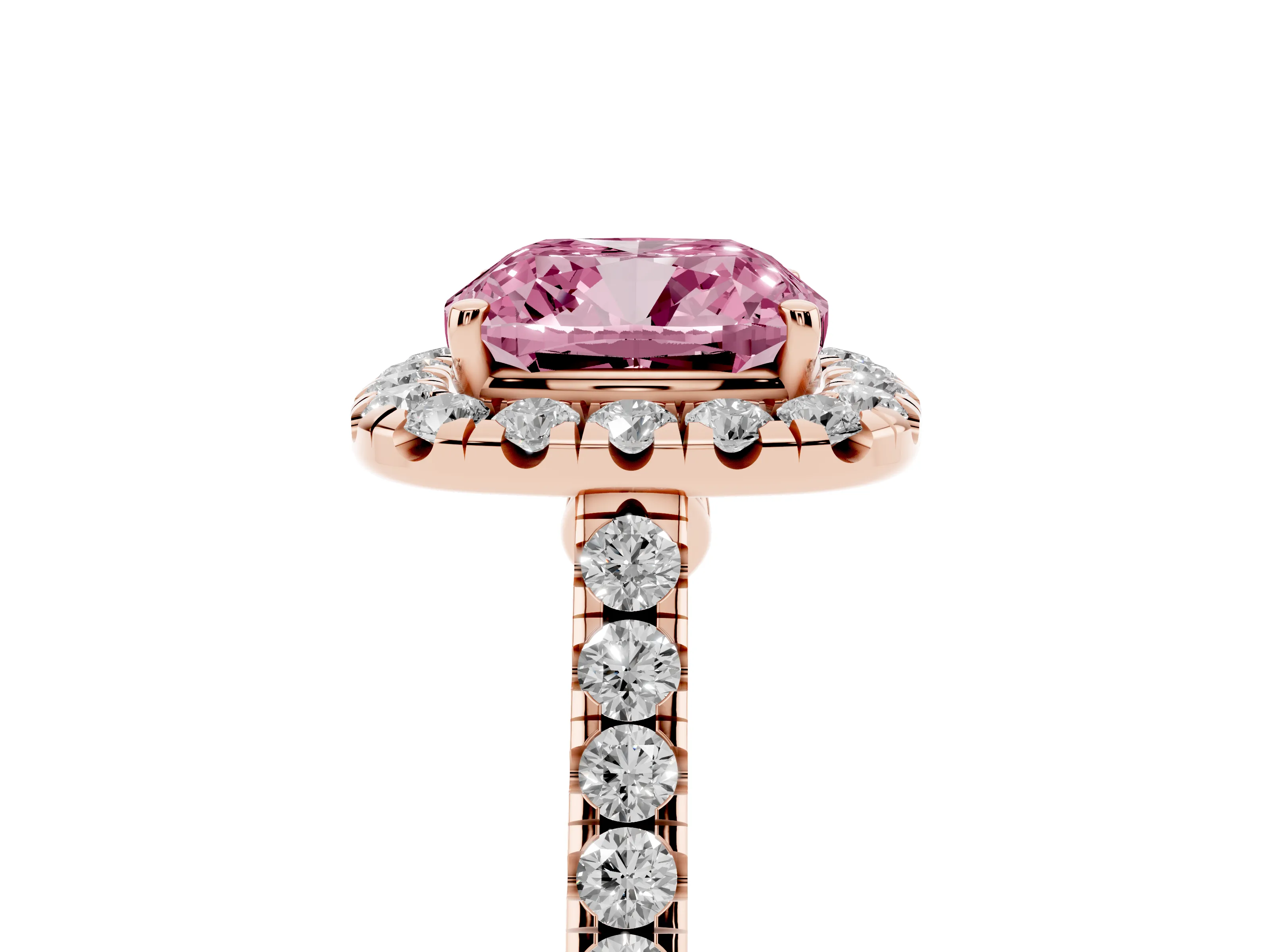 Fancy Pink Cushion Cut Diamond Halo Pavé Engagement Ring Set in Rose gold with Prong Setting