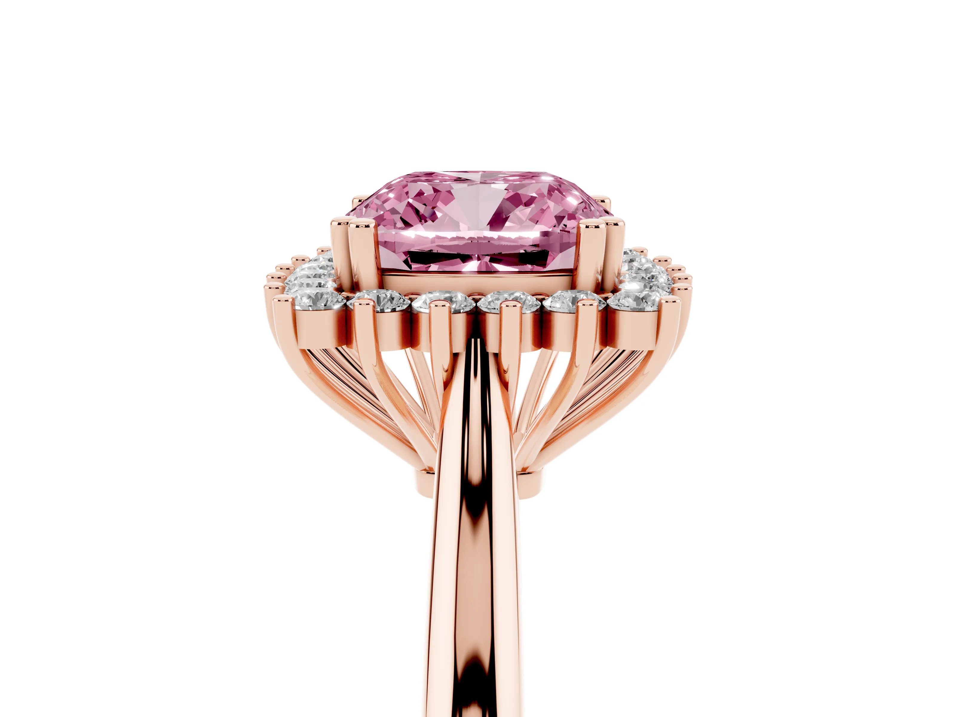 Fancy Pink Cushion Cut Diamond Halo Ring Set in Rose gold with Plain Solitaire Band and Prong Setting