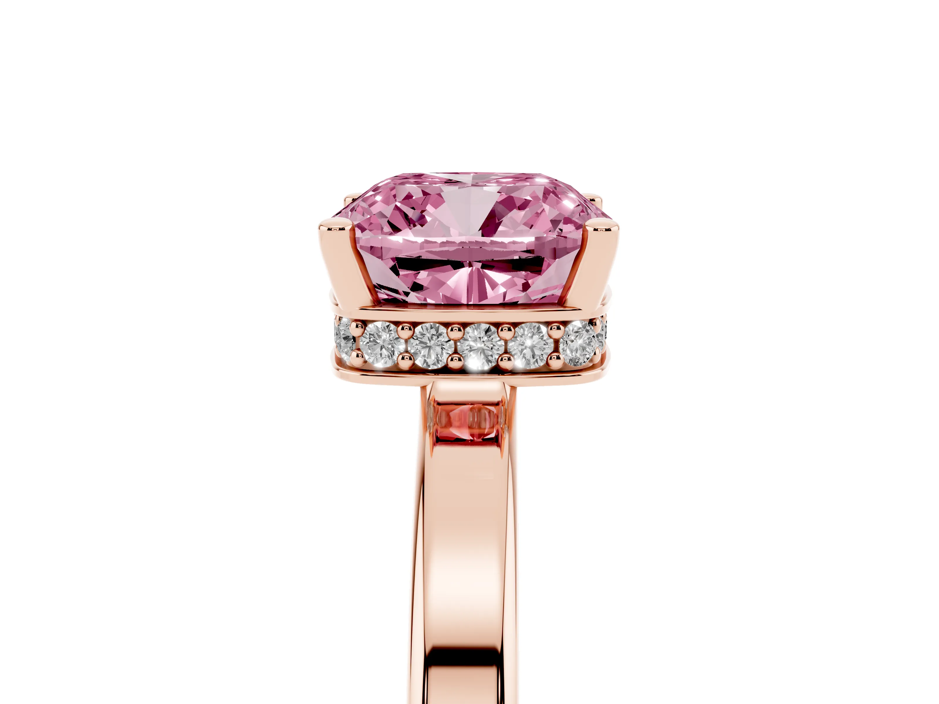 Fancy Pink Cushion Cut Diamond Solitaire Engagement Ring Set in Rose gold with Prong Setting on a Plain Band