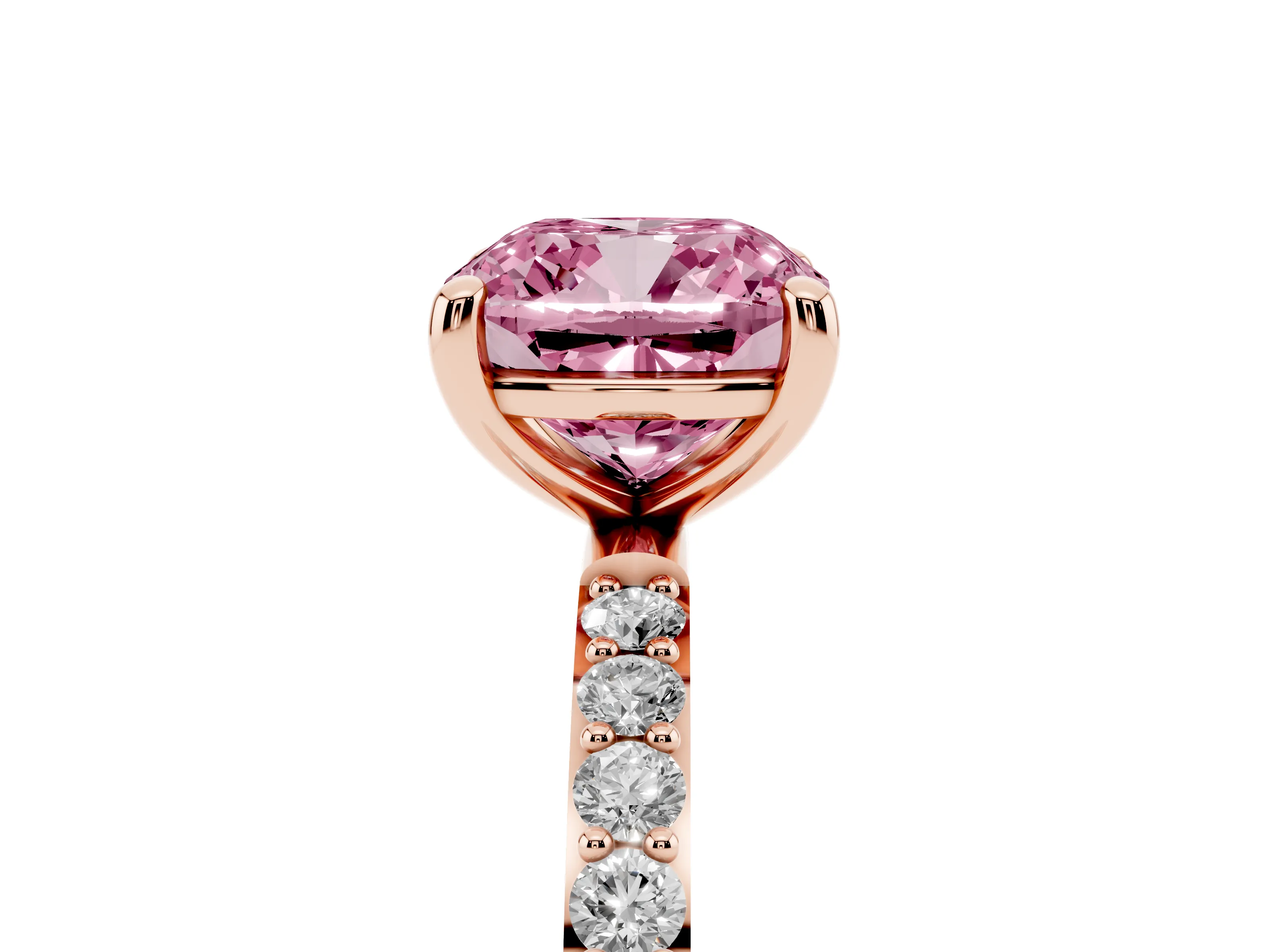 Fancy Pink Cushion Cut Diamond Solitaire Ring Set in Rose gold with Round Pavé Band and Prong Setting