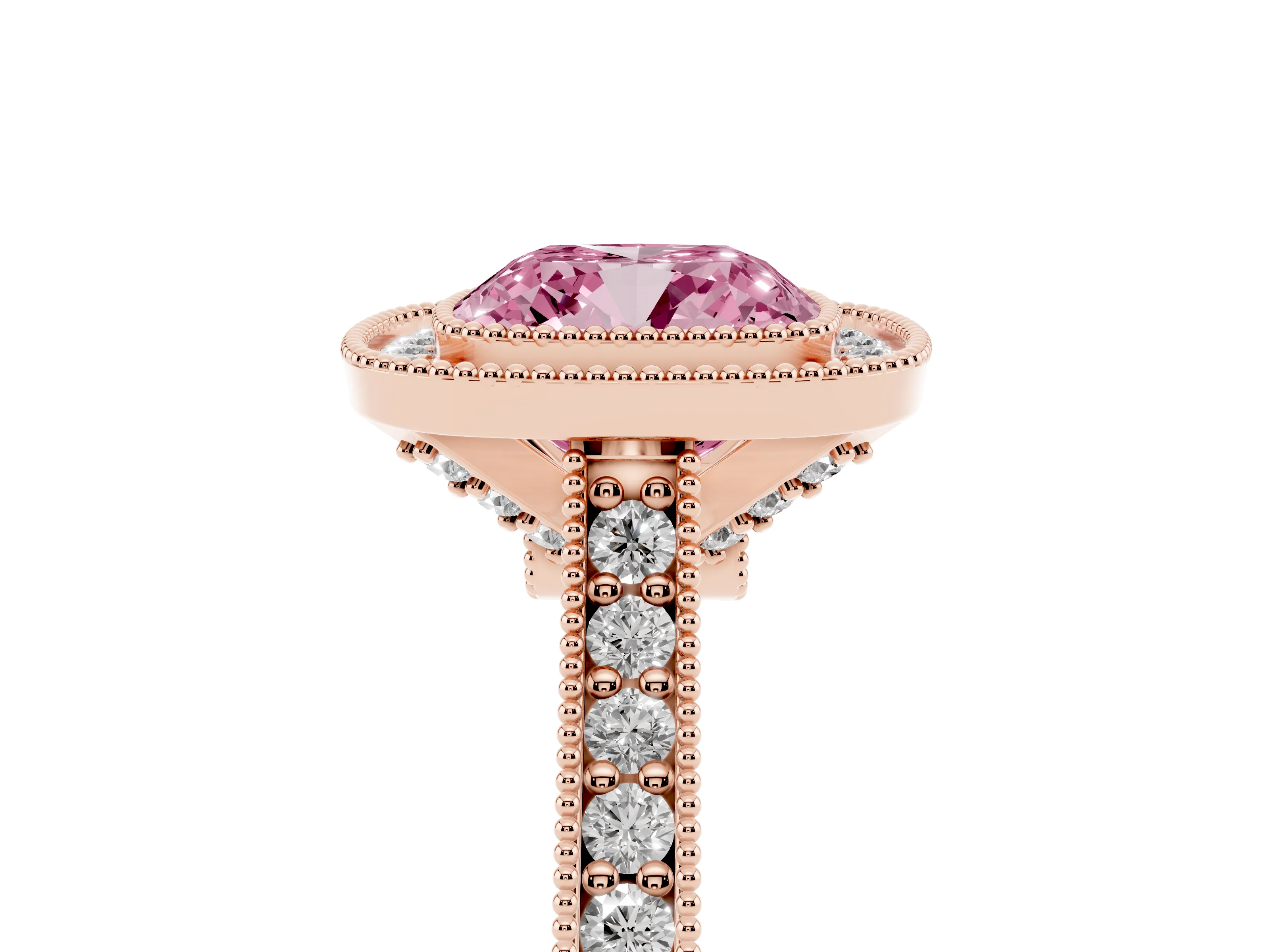 Fancy Pink Cushion Cut Diamond Halo Milgrain Pavé Band Ring Set in Rose gold with Prong Setting