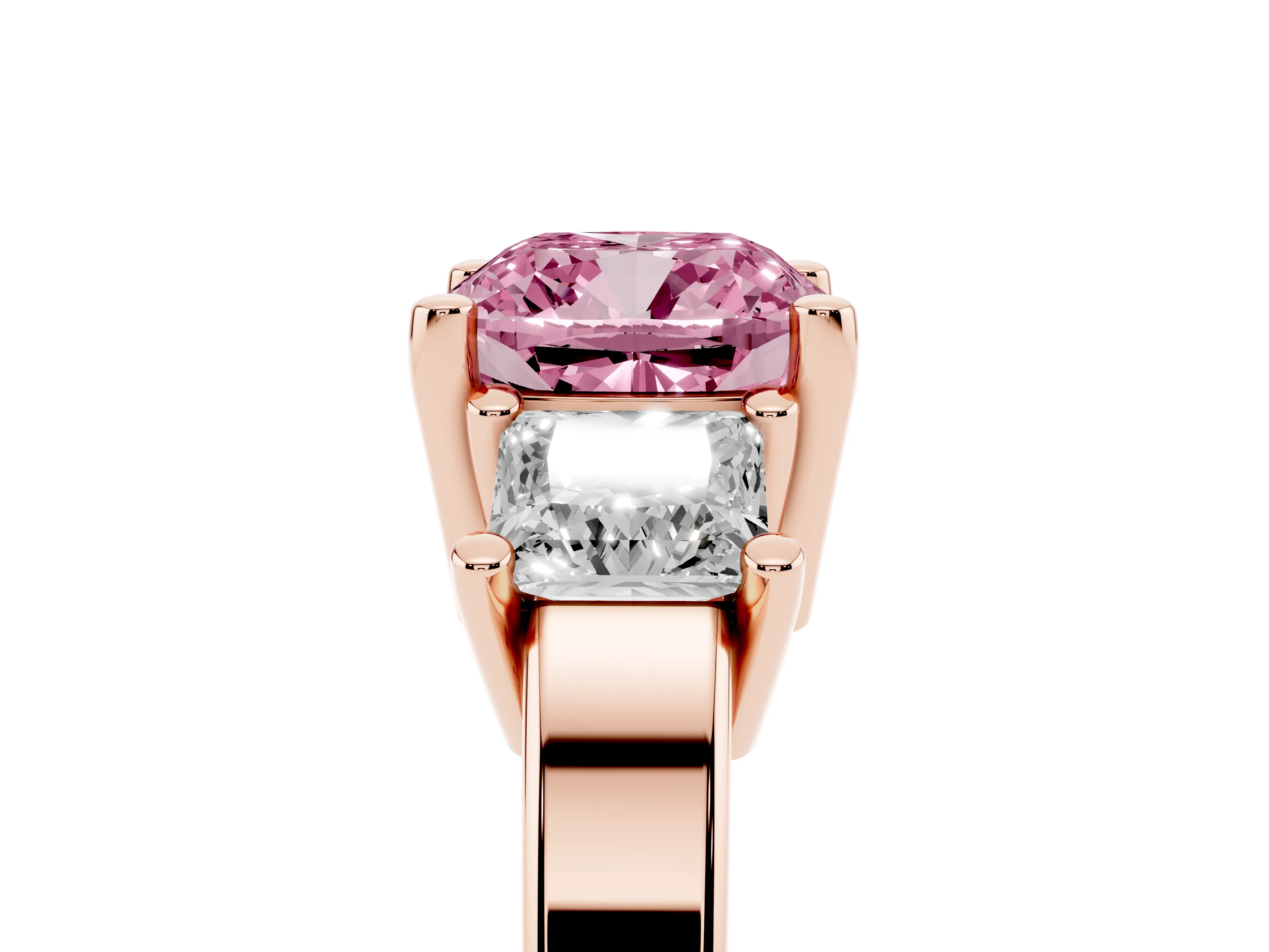Fancy Pink Three-Stone Cushion Cut Diamond Solitaire Ring Set in Rose gold with Prong Setting