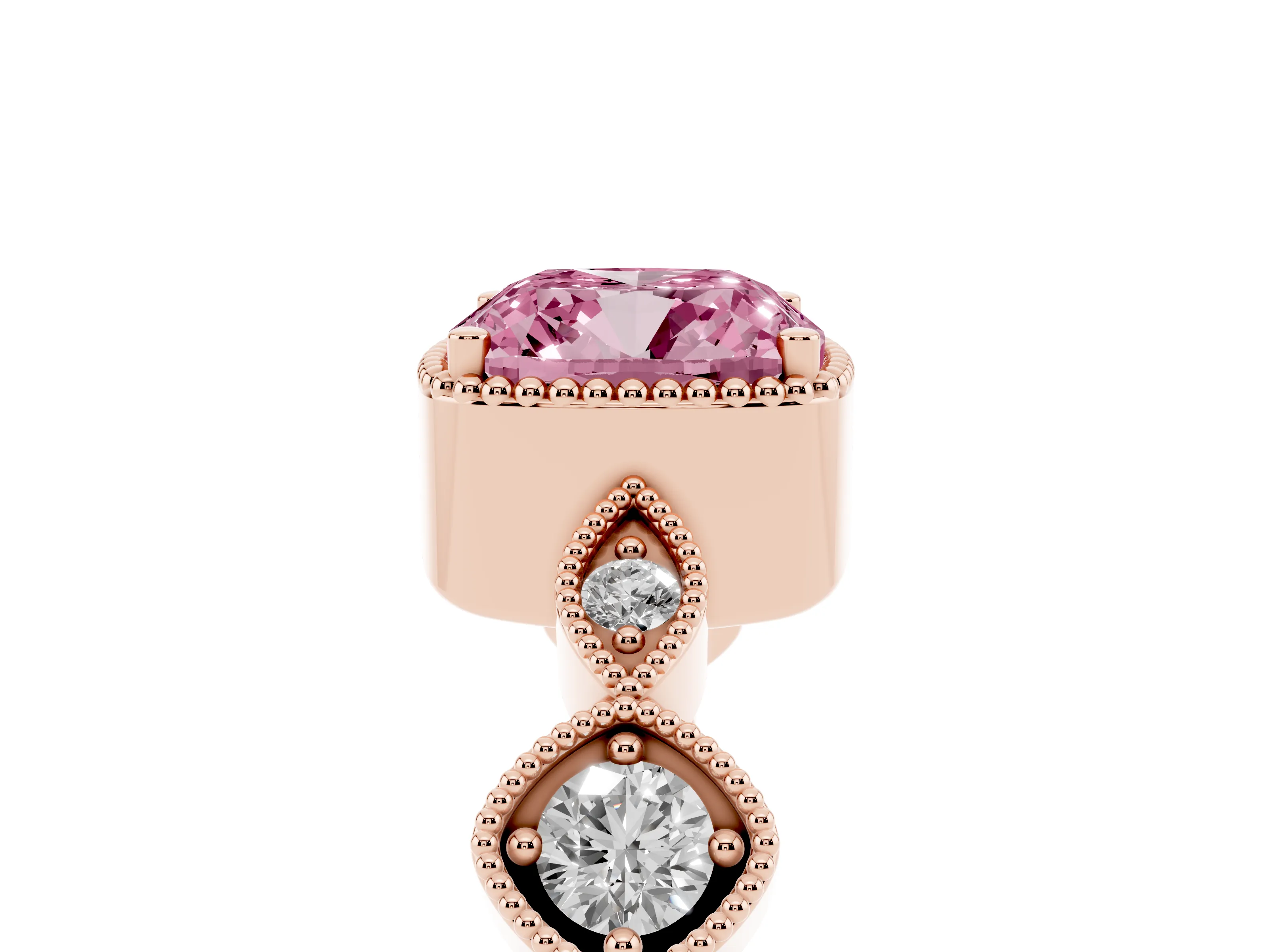 Fancy Pink Cushion Cut Diamond Vintage-Inspired Milgrain Ring Set in Rose gold with Marquise Stations of Round Accents