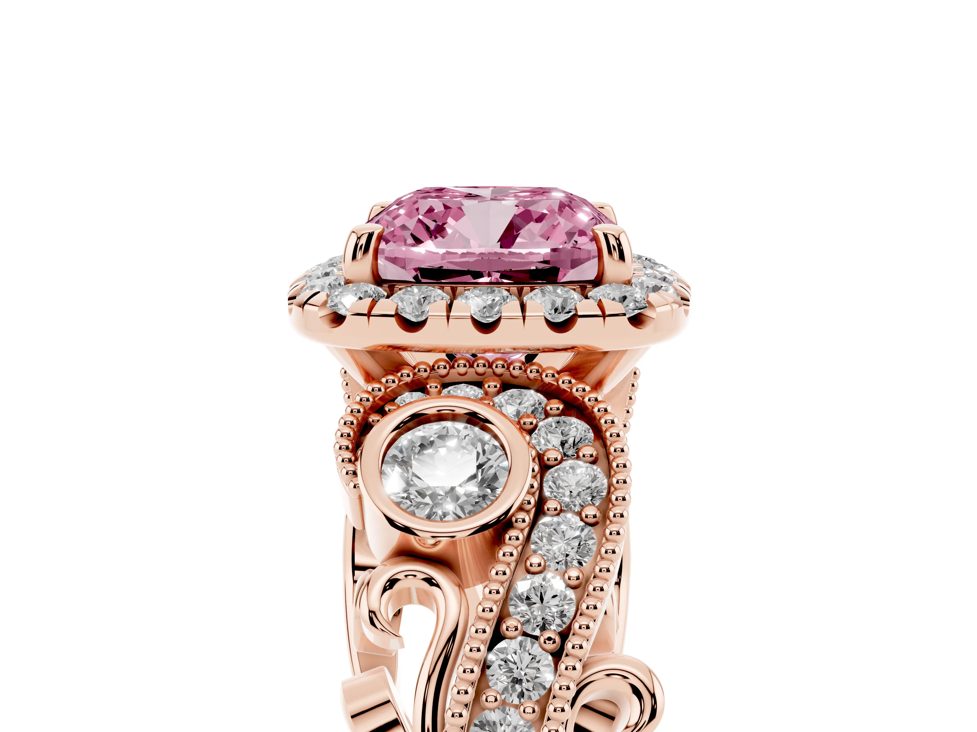 Fancy Pink Cushion Cut Diamond Halo Ring Set in Rose gold with Milgrain Pavé Band and Prong Setting