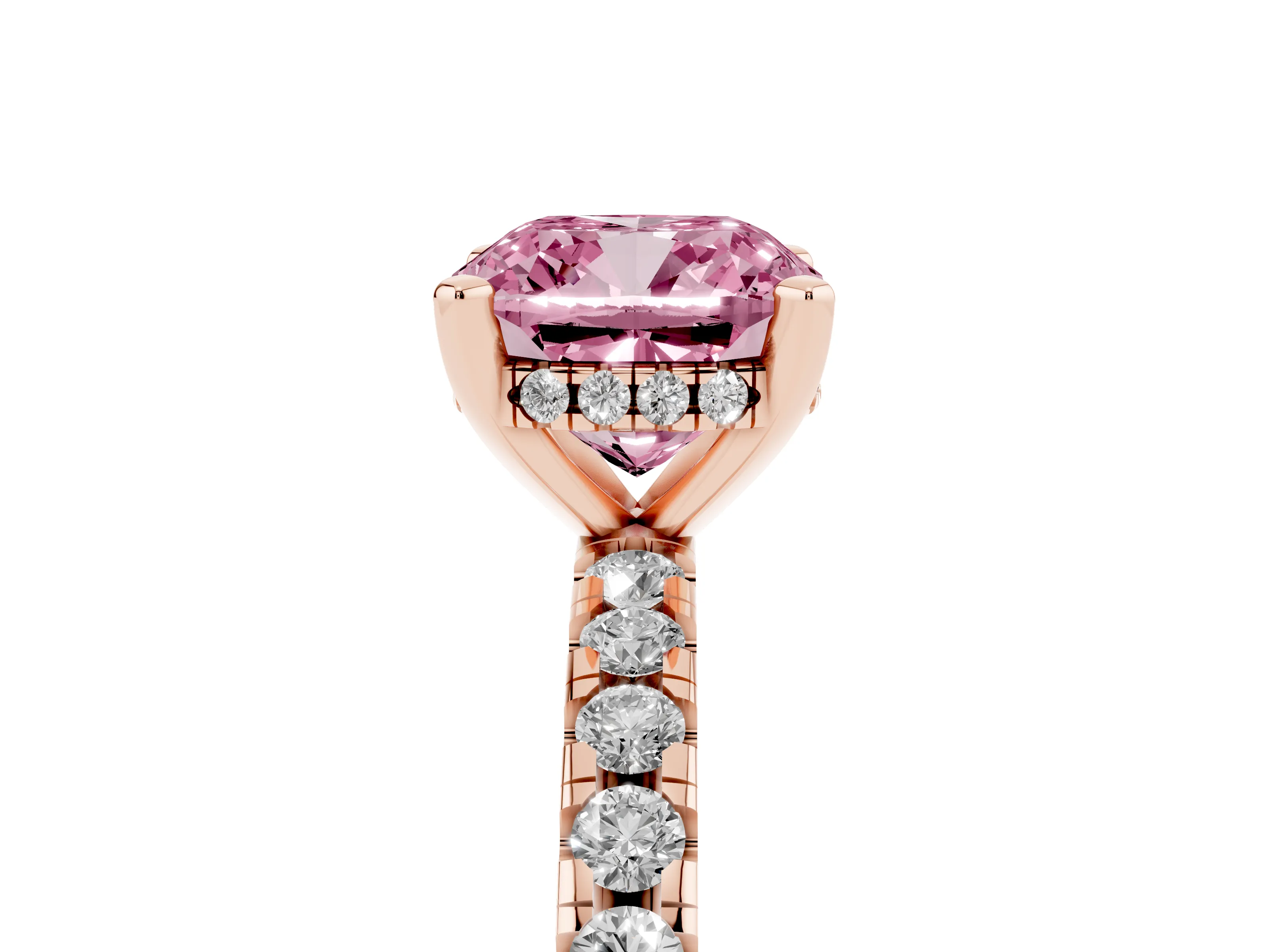 Fancy Pink Cushion Cut Diamond Pavé Solitaire Ring Set in Rose gold with Round Band Accents and Prong Setting