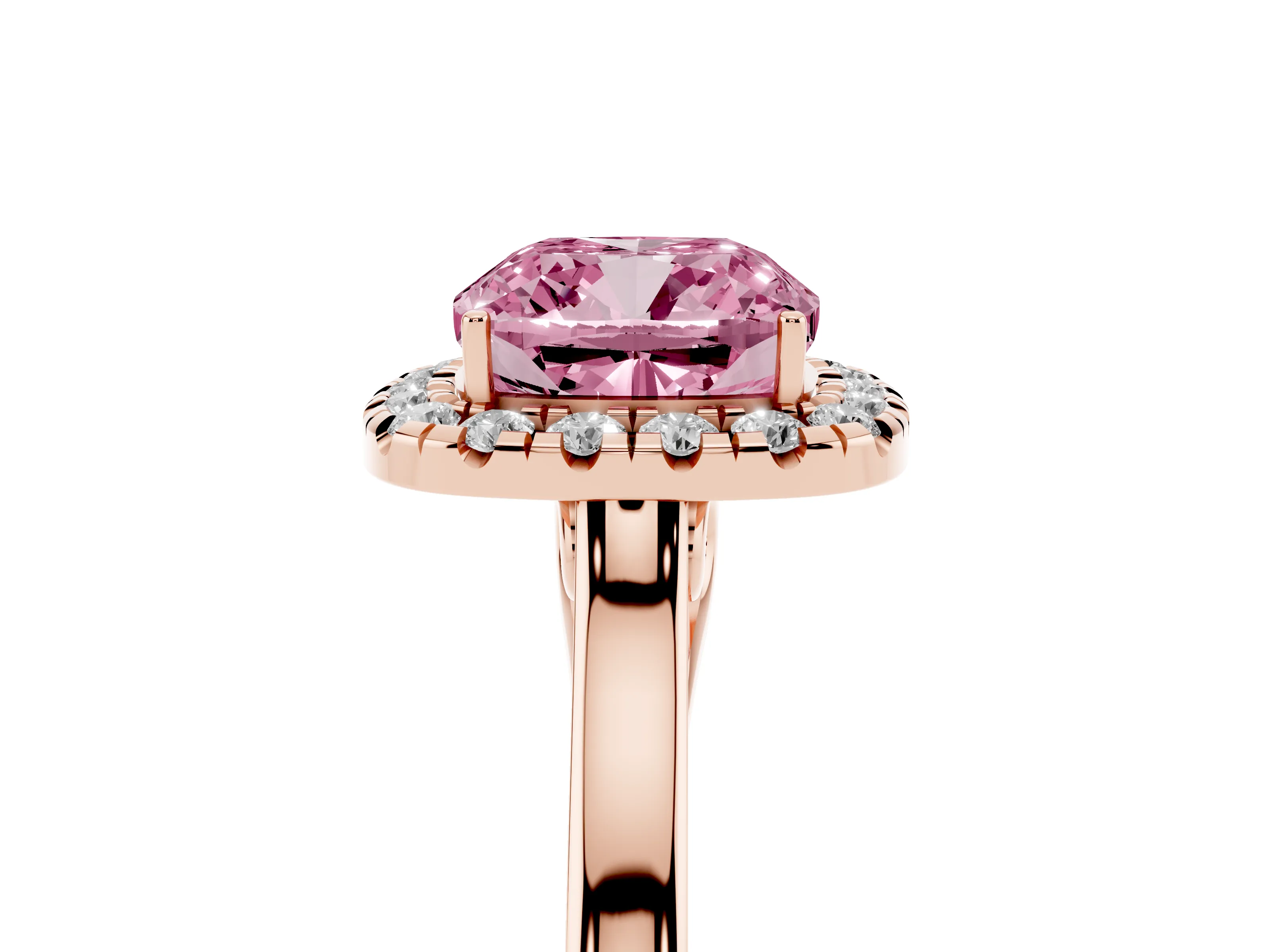 Fancy Pink Cushion Cut Halo Round Diamond Solitaire Ring Set in Rose gold with Pavé Band and Prong Setting