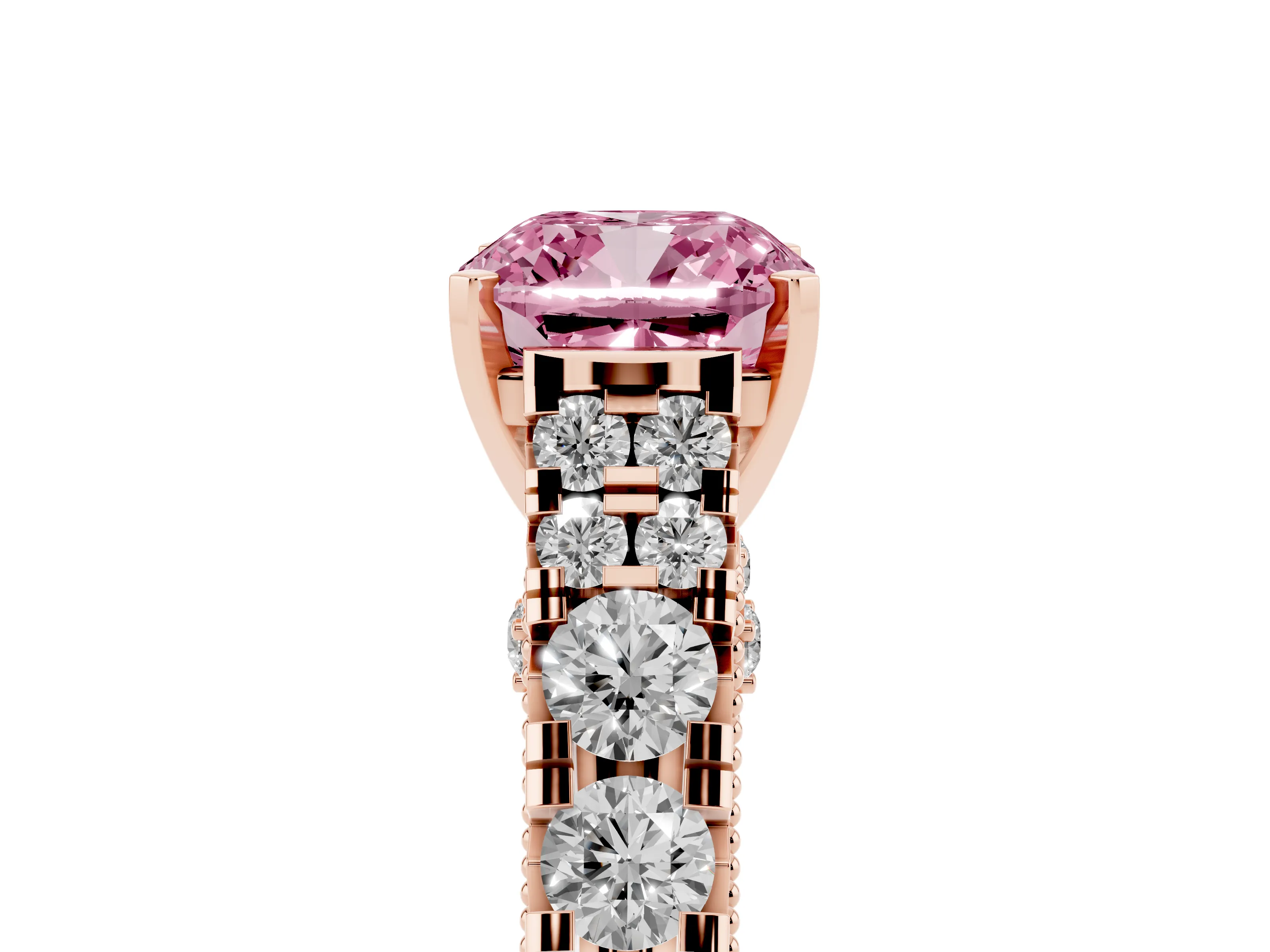 Fancy Pink Cushion Cut Diamond Classic Solitaire Ring Set in Rose gold with Pavé Band and Prong Setting