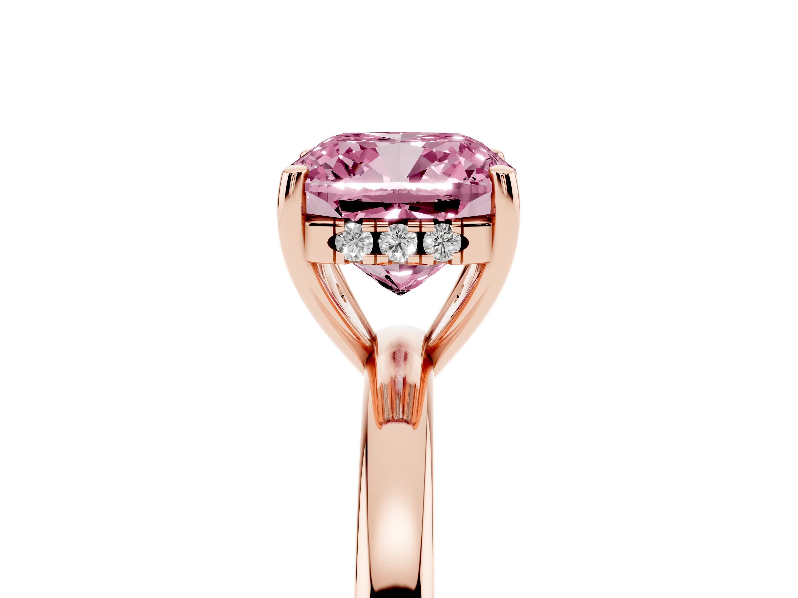 Fancy Pink Cushion Cut Diamond Solitaire Ring Set in Rose gold with Plain Band and Prong Setting