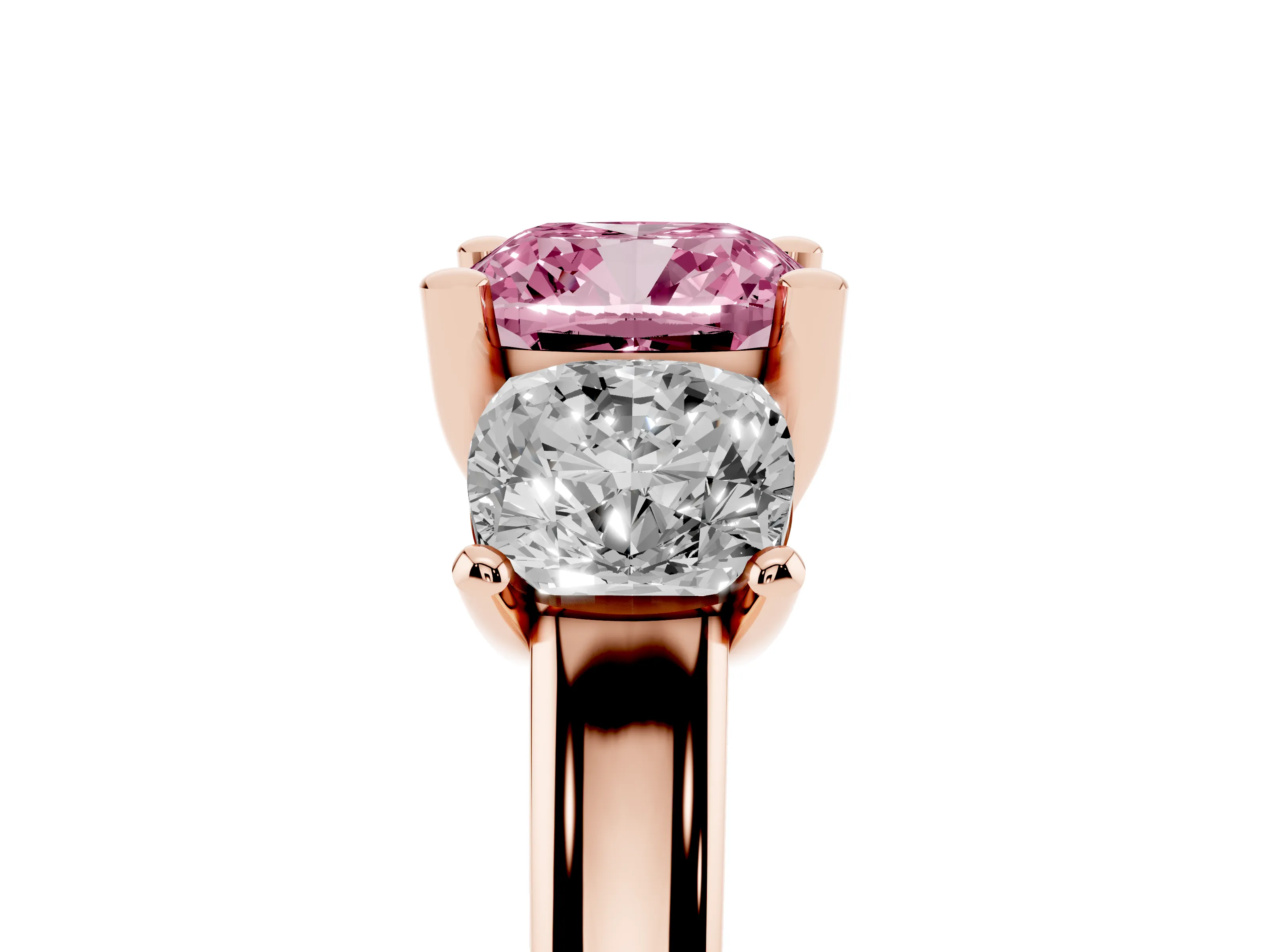 Fancy Pink Cushion Cut Diamond Three-Stone Ring Set in Rose gold with Classic Prong Setting and Plain Band
