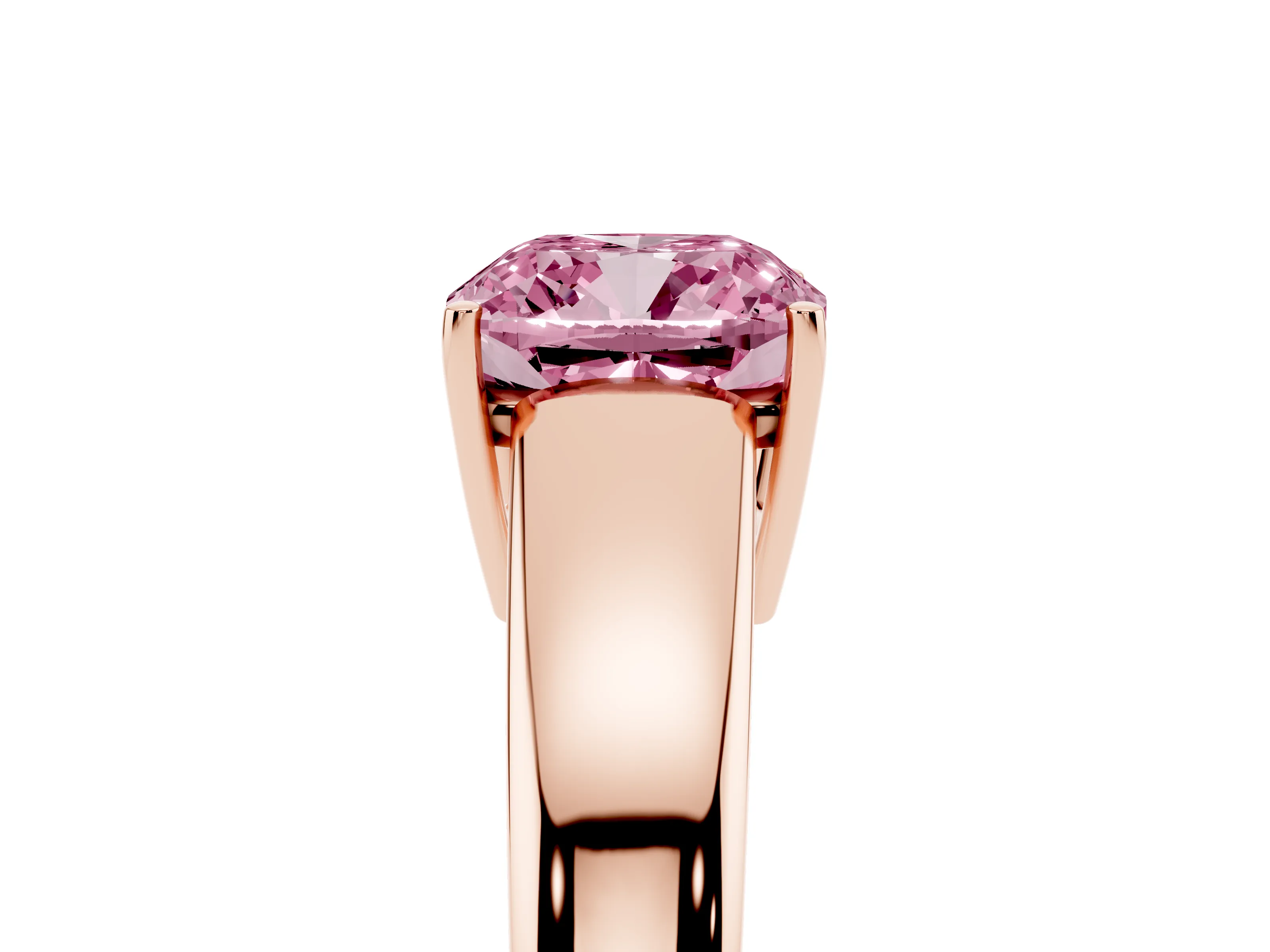 Fancy Pink Cushion Cut Diamond Solitaire Ring Set in Rose gold with Tapered Band and Prong Setting