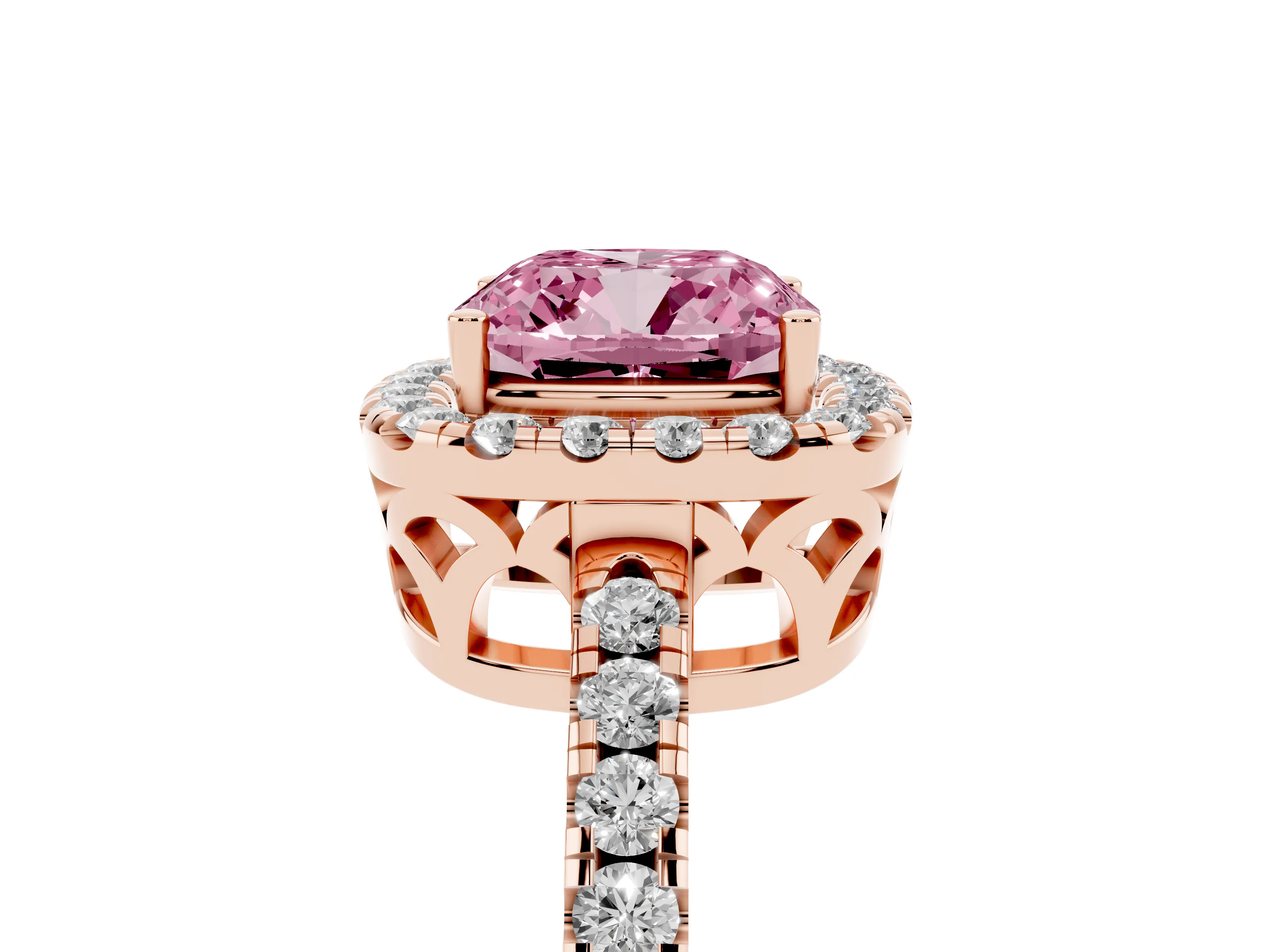 Fancy Pink Cushion Cut Diamond Pavé Band Halo Engagement Ring Set in Rose gold with Prong Setting