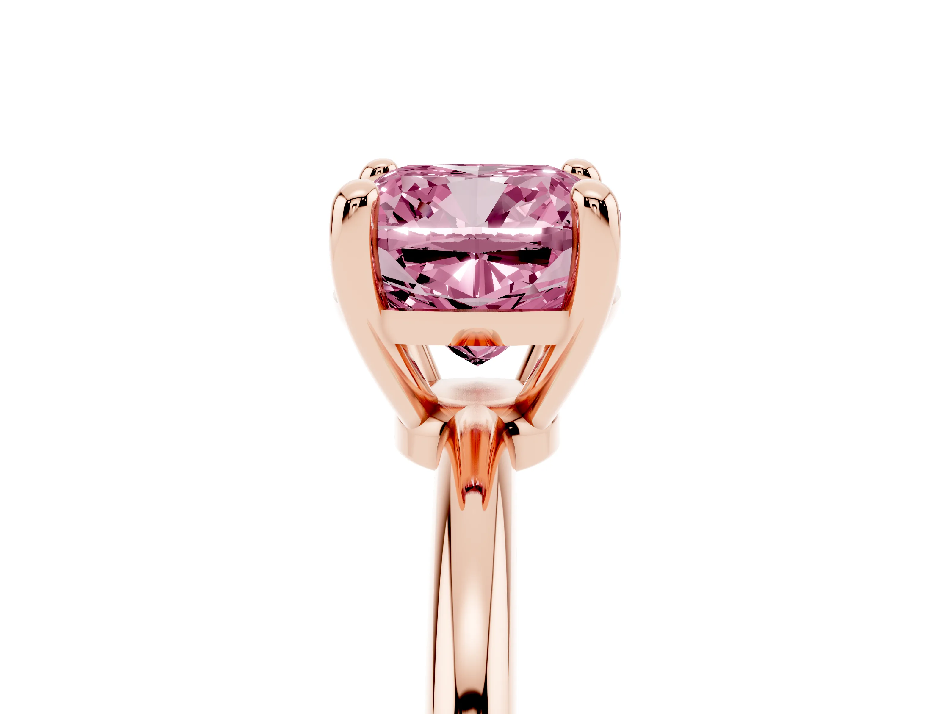 Fancy Pink Cushion Cut Diamond Solitaire Ring Set in Rose gold with Secure Prong Setting on a Classic Band