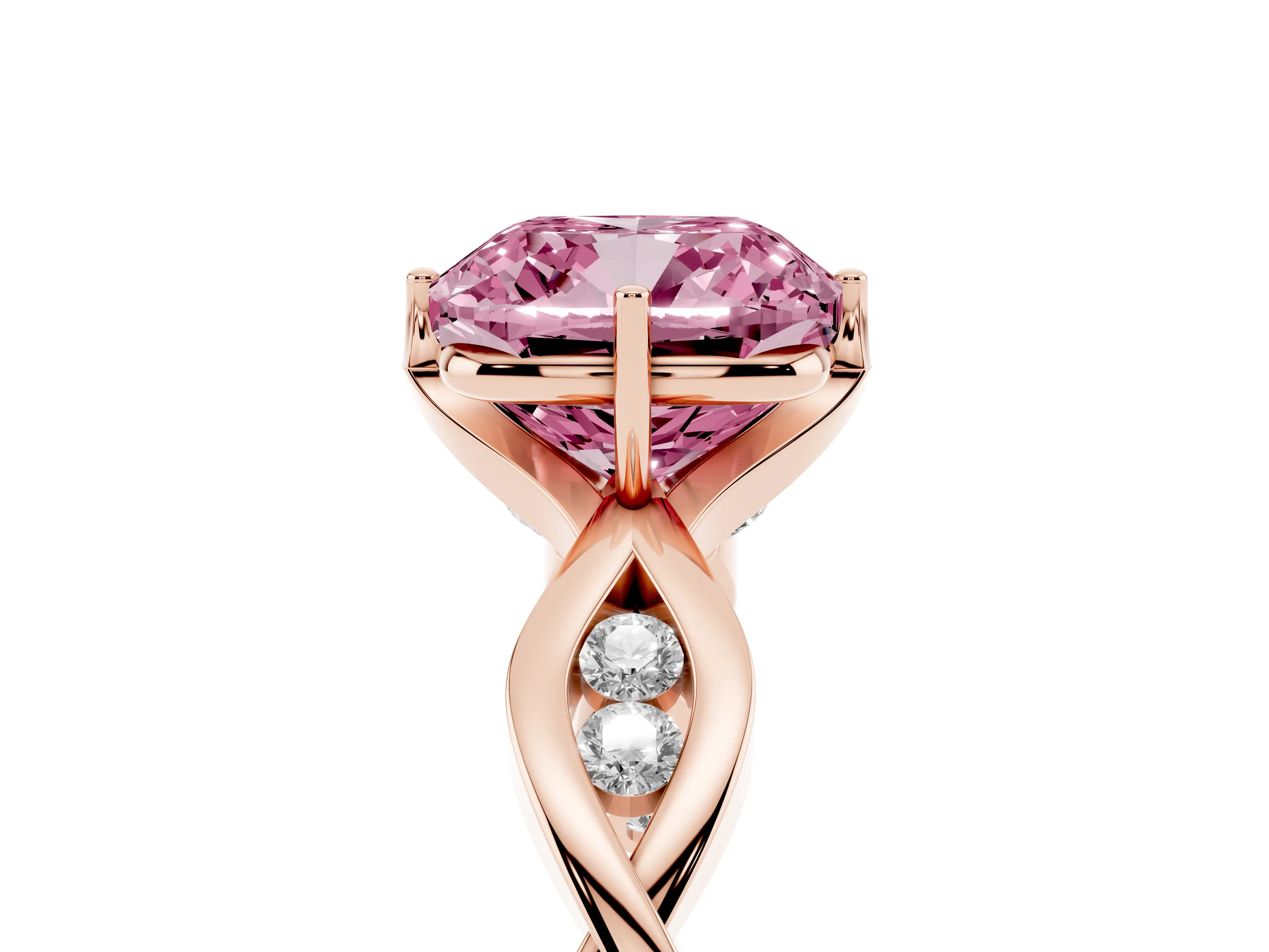 Fancy Pink Cushion Cut Diamond Twist Band Solitaire Ring Set in Rose gold with Leaf Prong Setting and Accent Stones