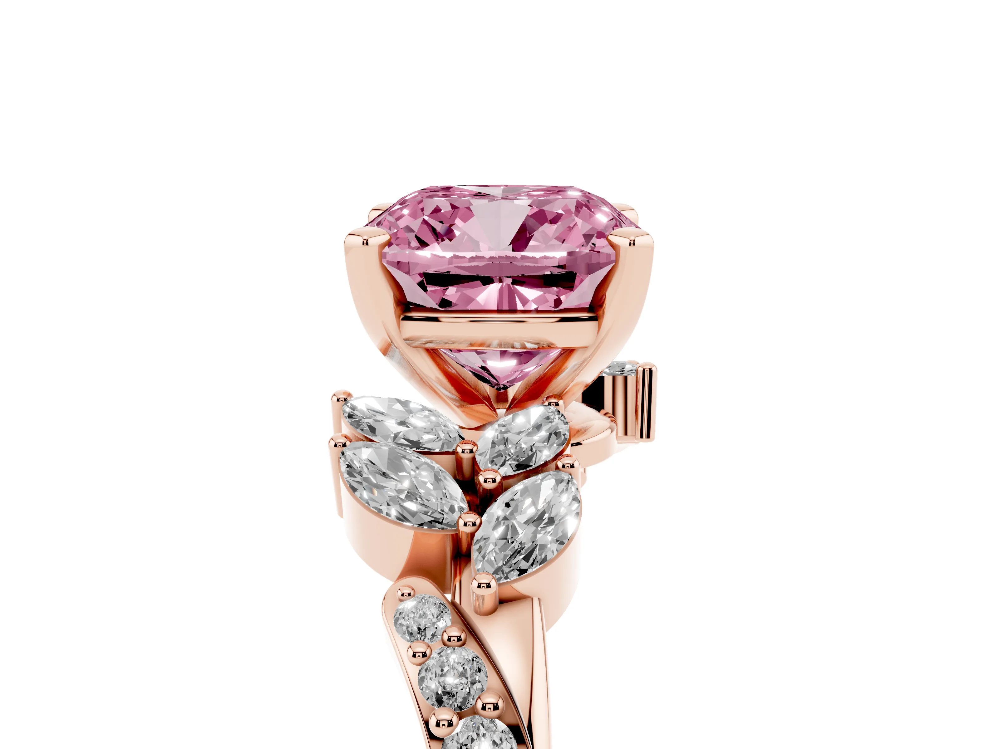Fancy Pink Cushion Cut Diamond Solitaire Ring Set in Rose gold with Marquise Twist Band and Prong Setting
