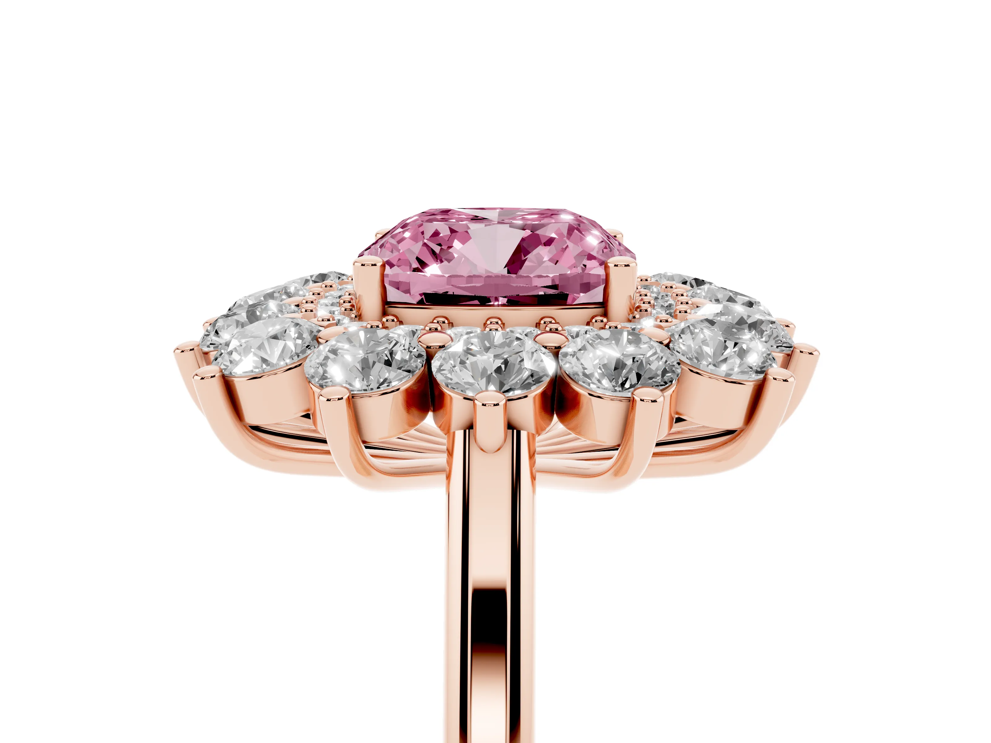 Fancy Pink Cushion Cut Diamond Floral Double Halo Ring Set in Rose gold with Round Petals