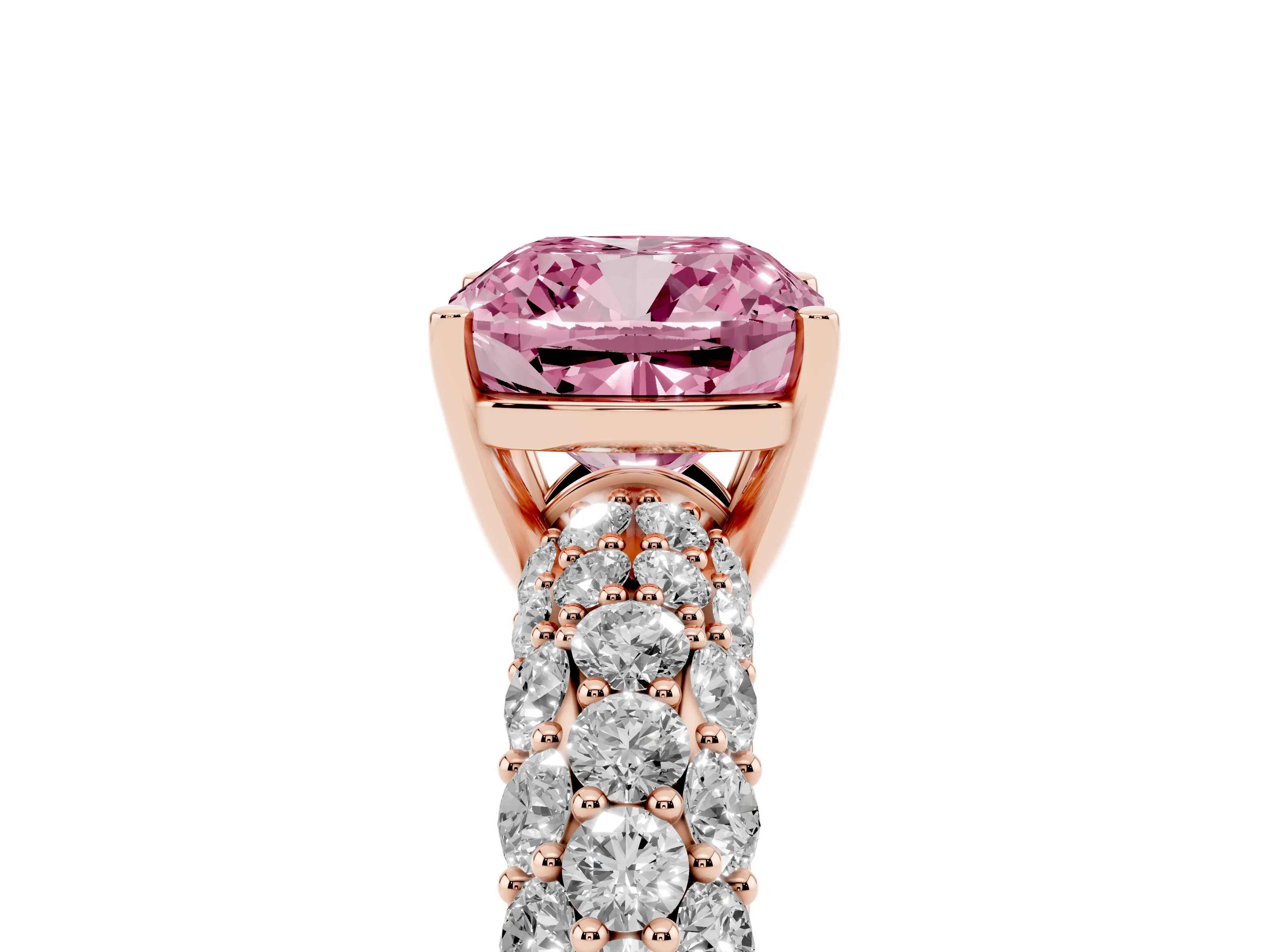 Fancy Pink Cushion Cut Diamond Pavé Band Solitaire Ring Set in Rose gold with Close-Set Accent Stones and Prong Setting