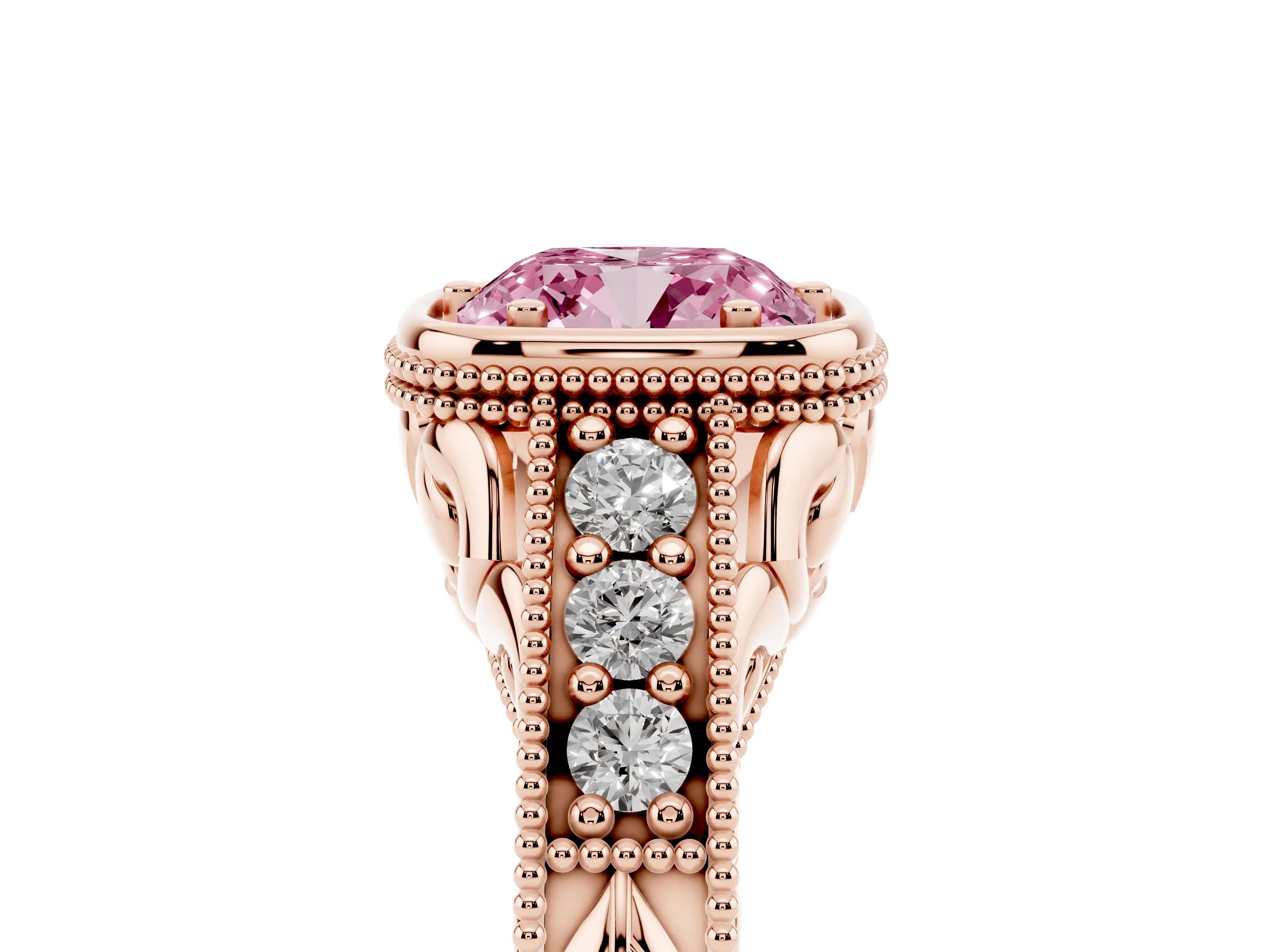 Fancy Pink Bezel Set Cushion Cut Diamond Milgrain Pavé Engagement Ring Set in Rose gold