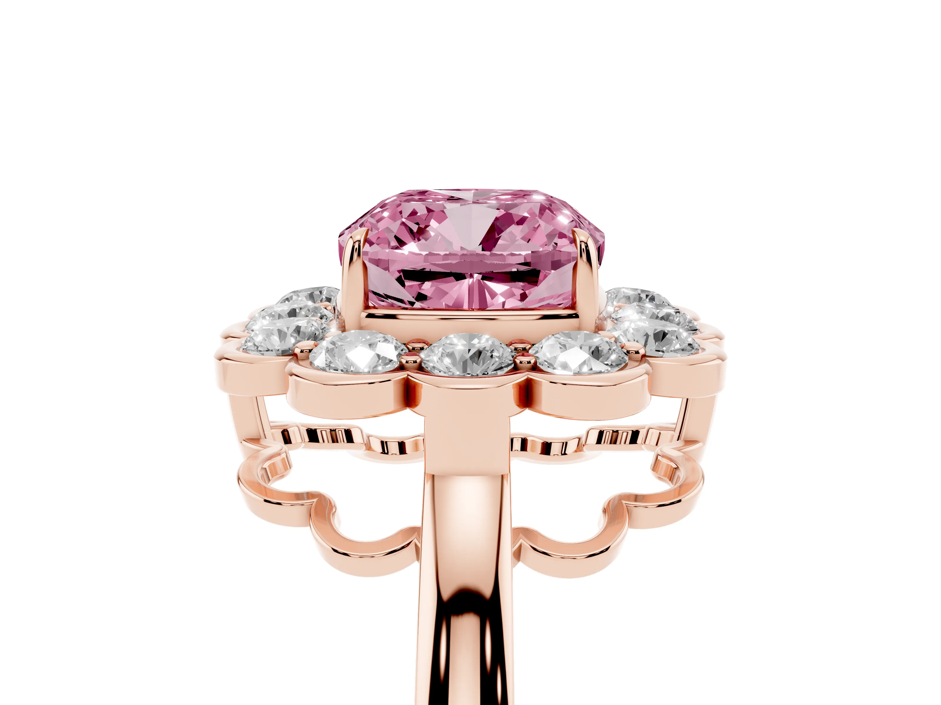 Fancy Pink Cushion Cut Diamond Halo Cluster Engagement Ring Set in Rose gold with Solitaire Band and Prong Setting