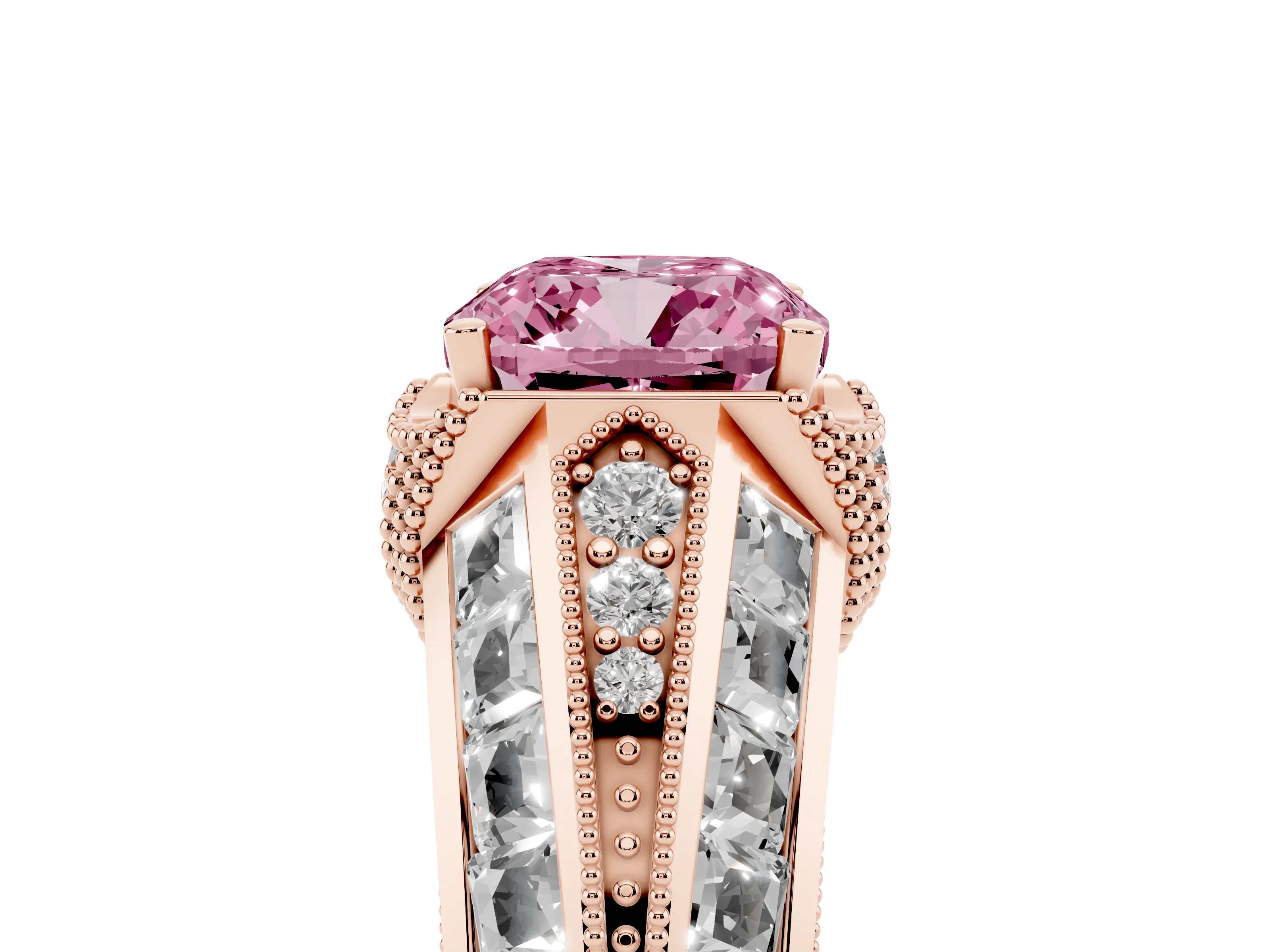 Fancy Pink Cushion Cut Diamond Vintage-Inspired Milgrain Ring Set in Rose gold with Accent Split Shank
