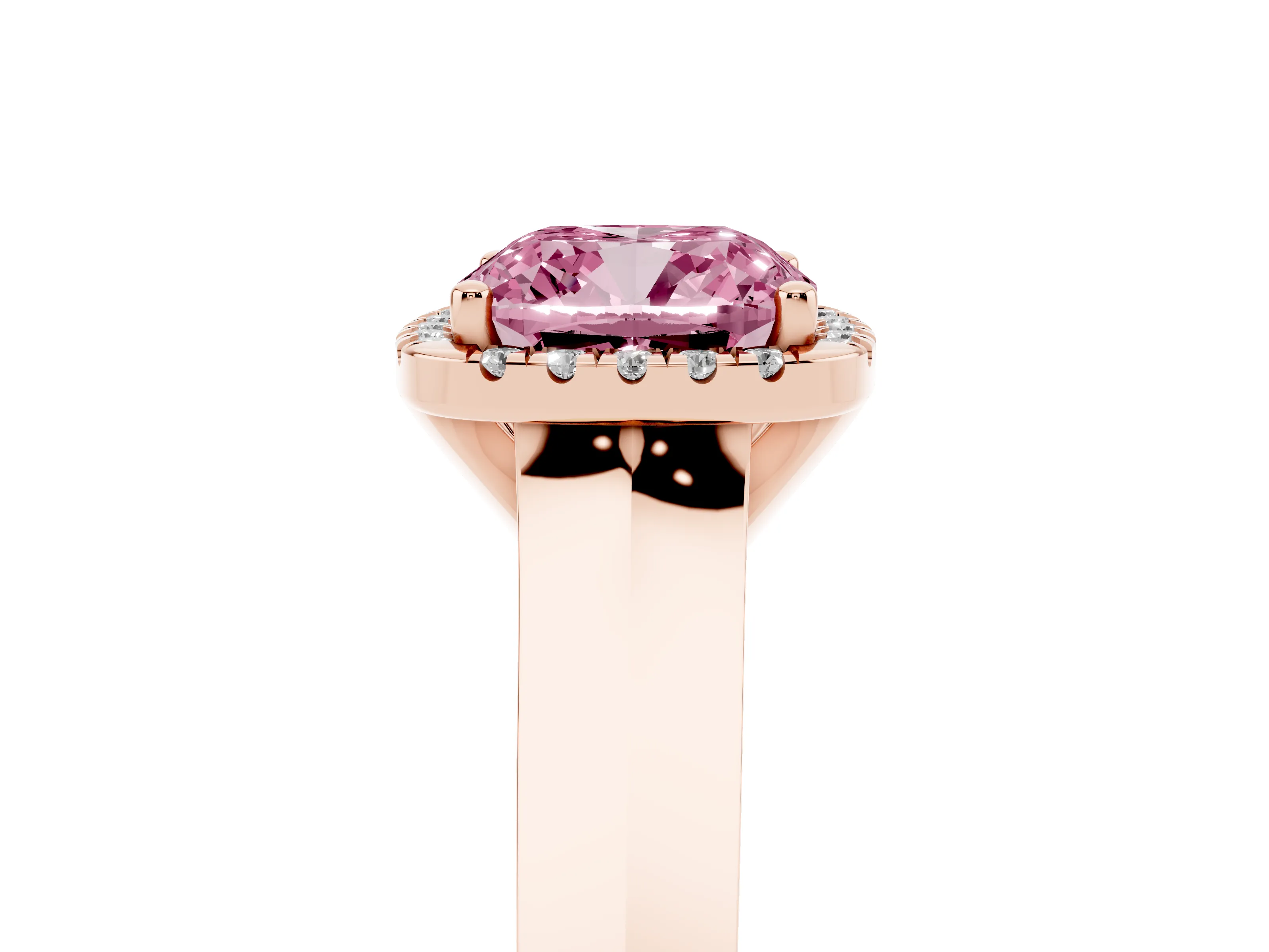 Fancy Pink Cushion Cut Diamond Halo Ring Set in Rose gold with Cathedral Band and Prong Setting