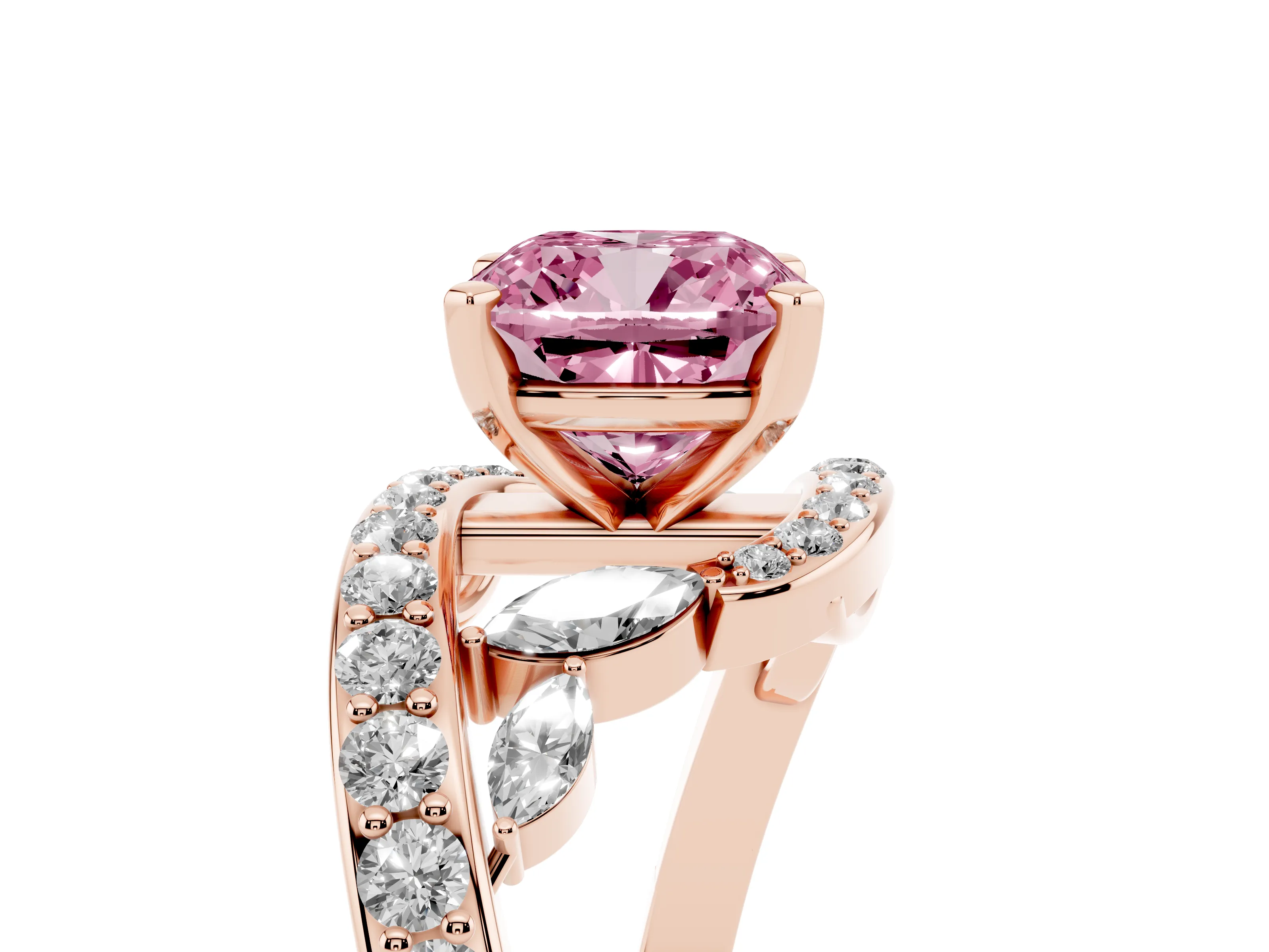 Fancy Pink Cushion Cut Diamond Solitaire Ring Set in Rose gold with Filigree Band and Prong Setting