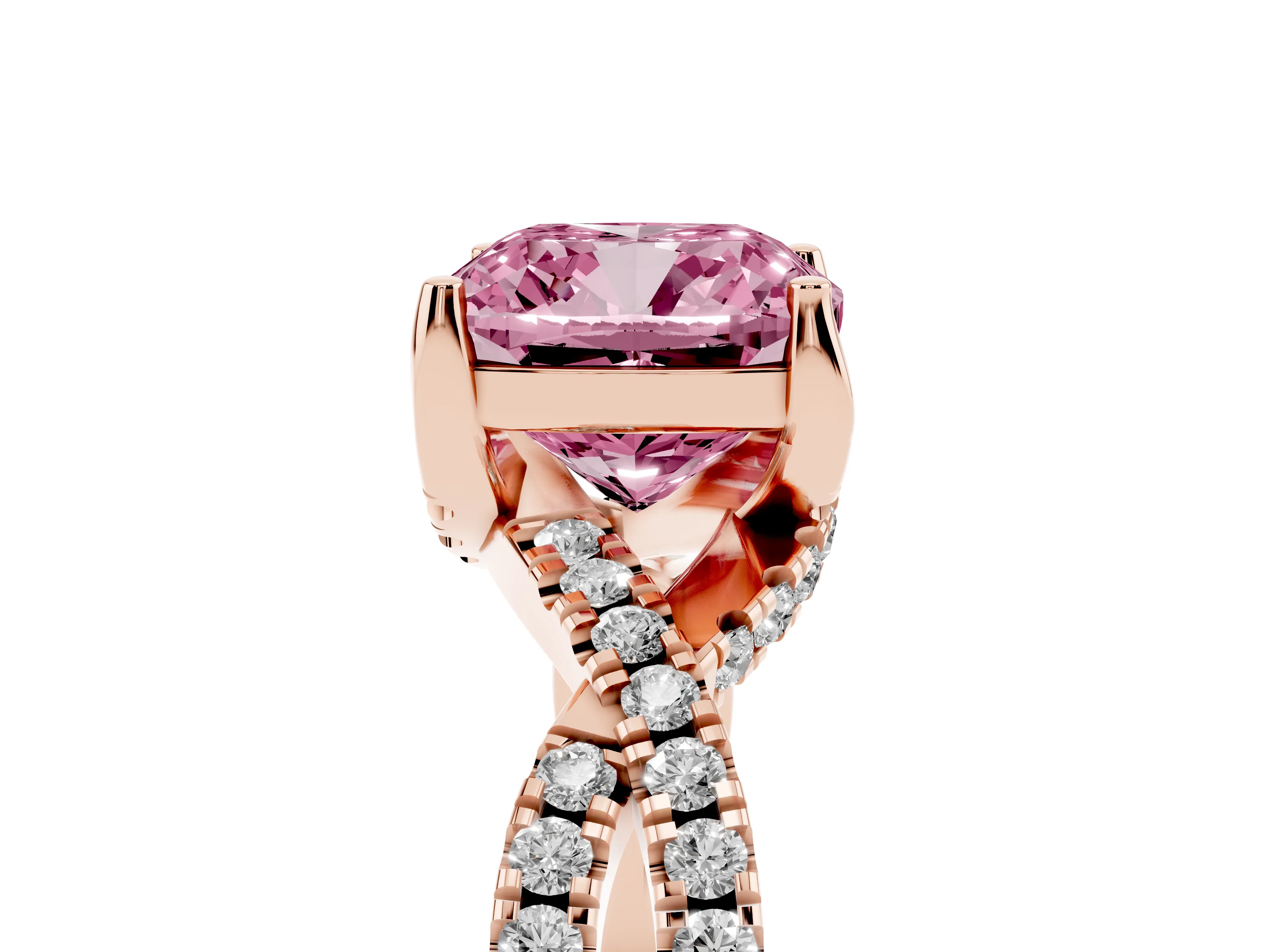 Fancy Pink Cushion Cut Diamond Twist Pavé Solitaire Engagement Ring Set in Rose gold with Prong Setting